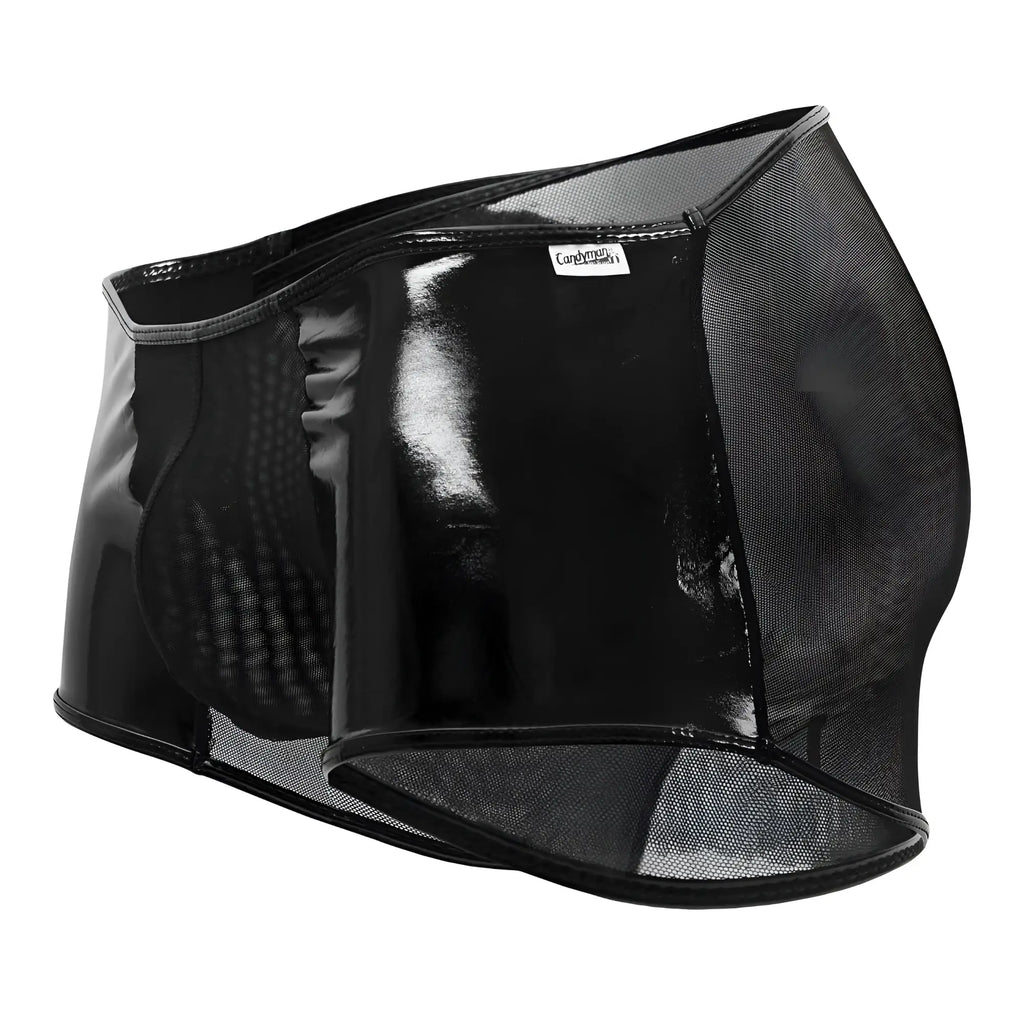 CandyMan 99737 mesh trunks in black feature sleek black patent leather shorts with breathable mesh panel details