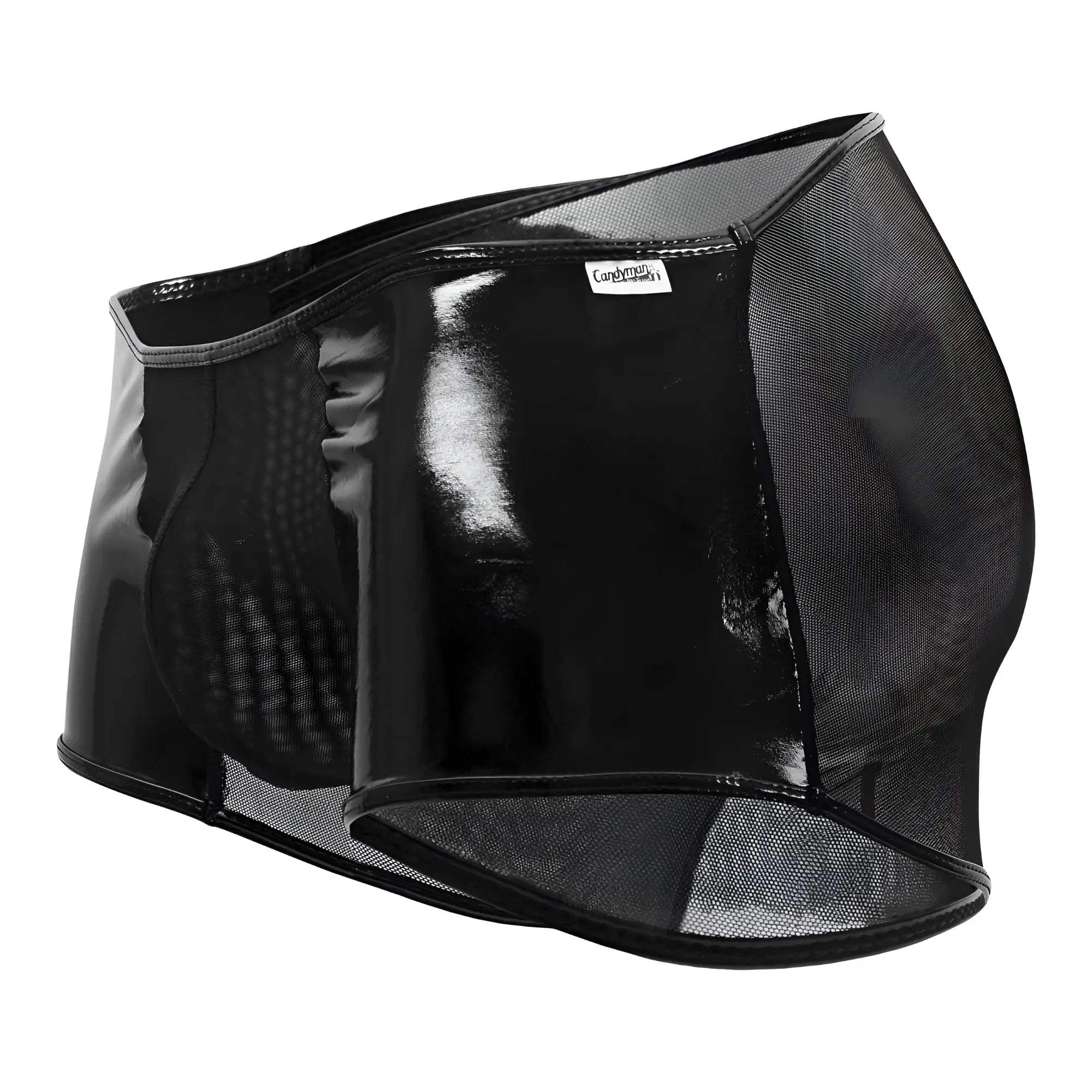 CandyMan 99737 mesh trunks in black feature sleek black patent leather shorts with breathable mesh panel details