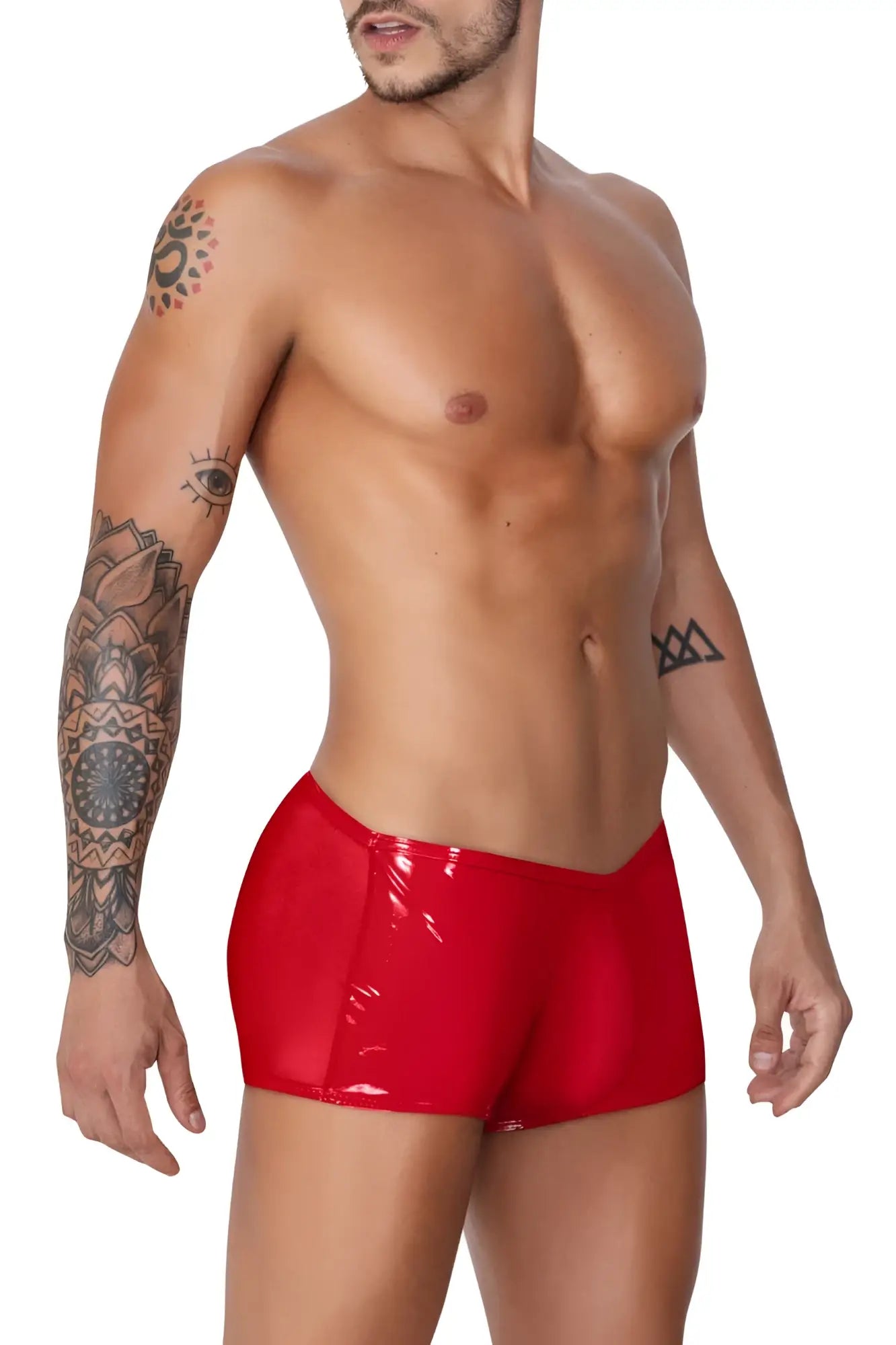 Red glossy latex swim trunks candyman 99737 mesh trunks color red shown from the front