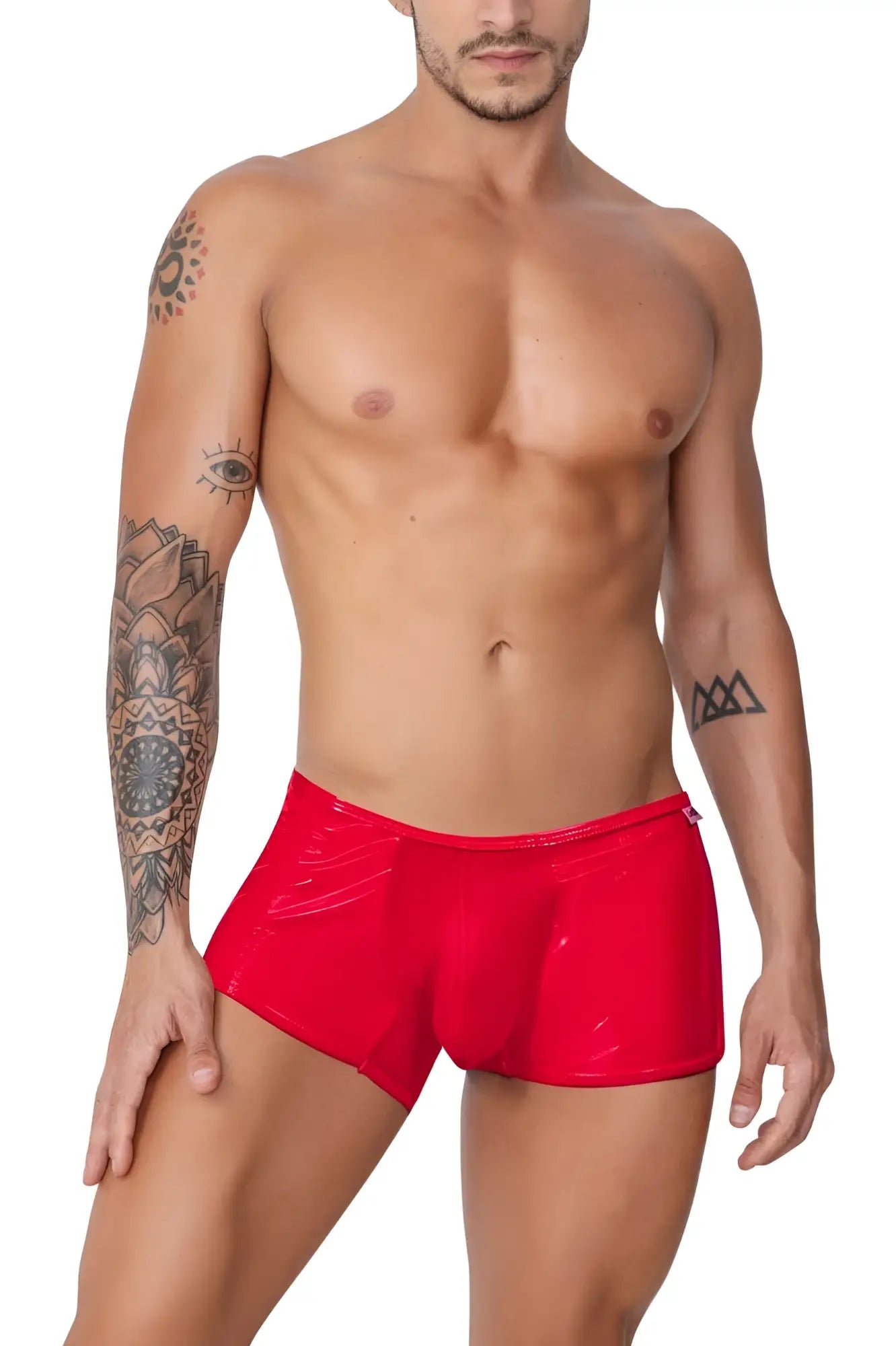 Red glossy patent leather briefs from candyman 99737 mesh trunks collection in vibrant red color