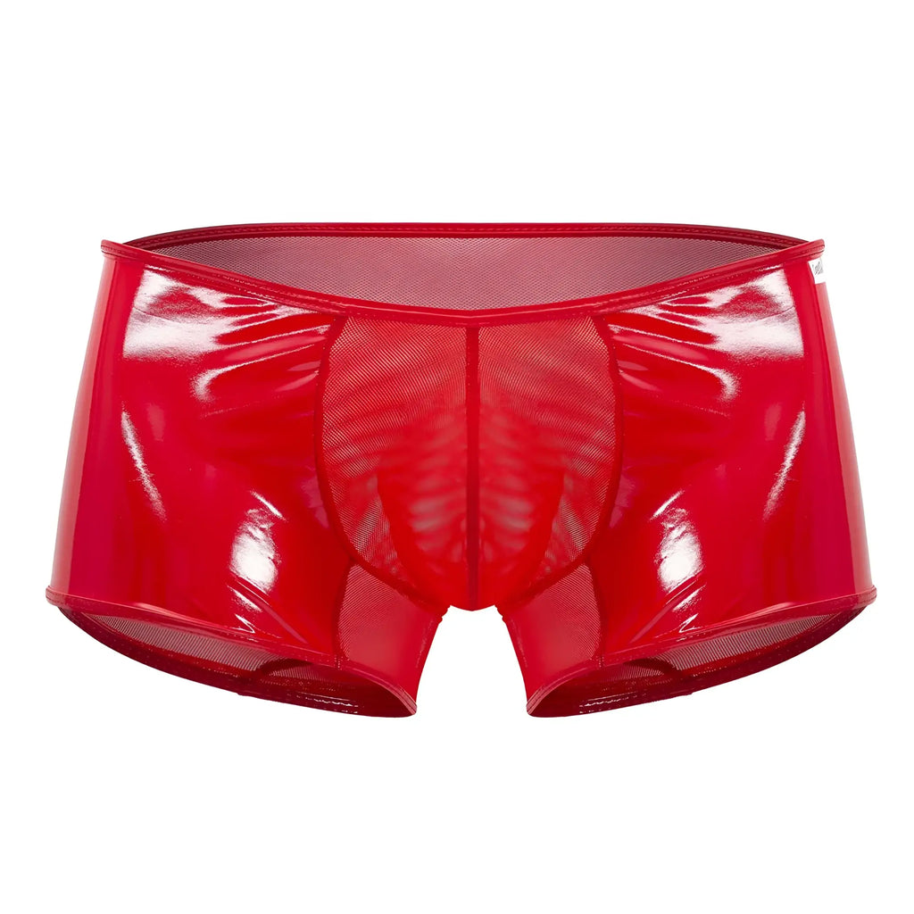 Red patent leather briefs with mesh panels from candyman 99737 mesh trunks in red showing front view