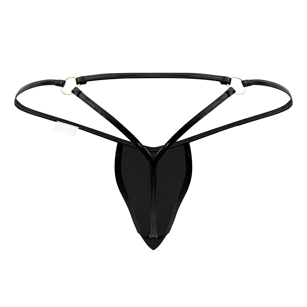 Black glossy latex thong with thin straps and silver toned metal rings candyMan 99738 gloss g string color black back side