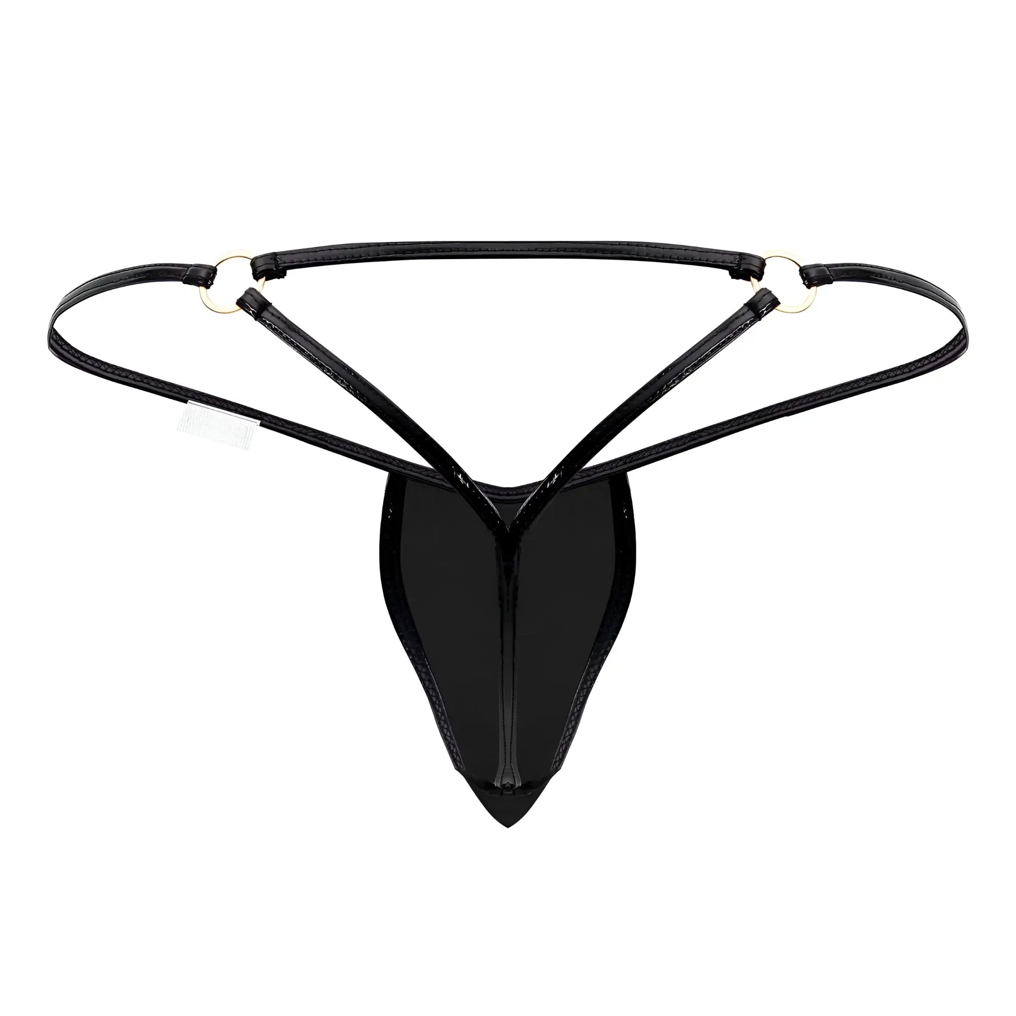 Black glossy latex thong with thin straps and silver toned metal rings candyMan 99738 gloss g string color black back side