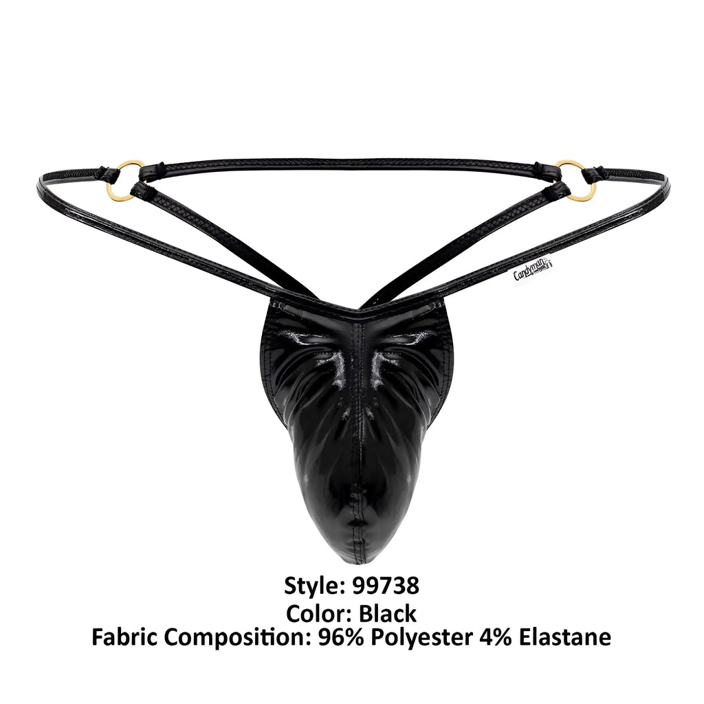 CandyMan 99738 gloss black thong made of glossy polyester and elastane with gold-tone metal rings