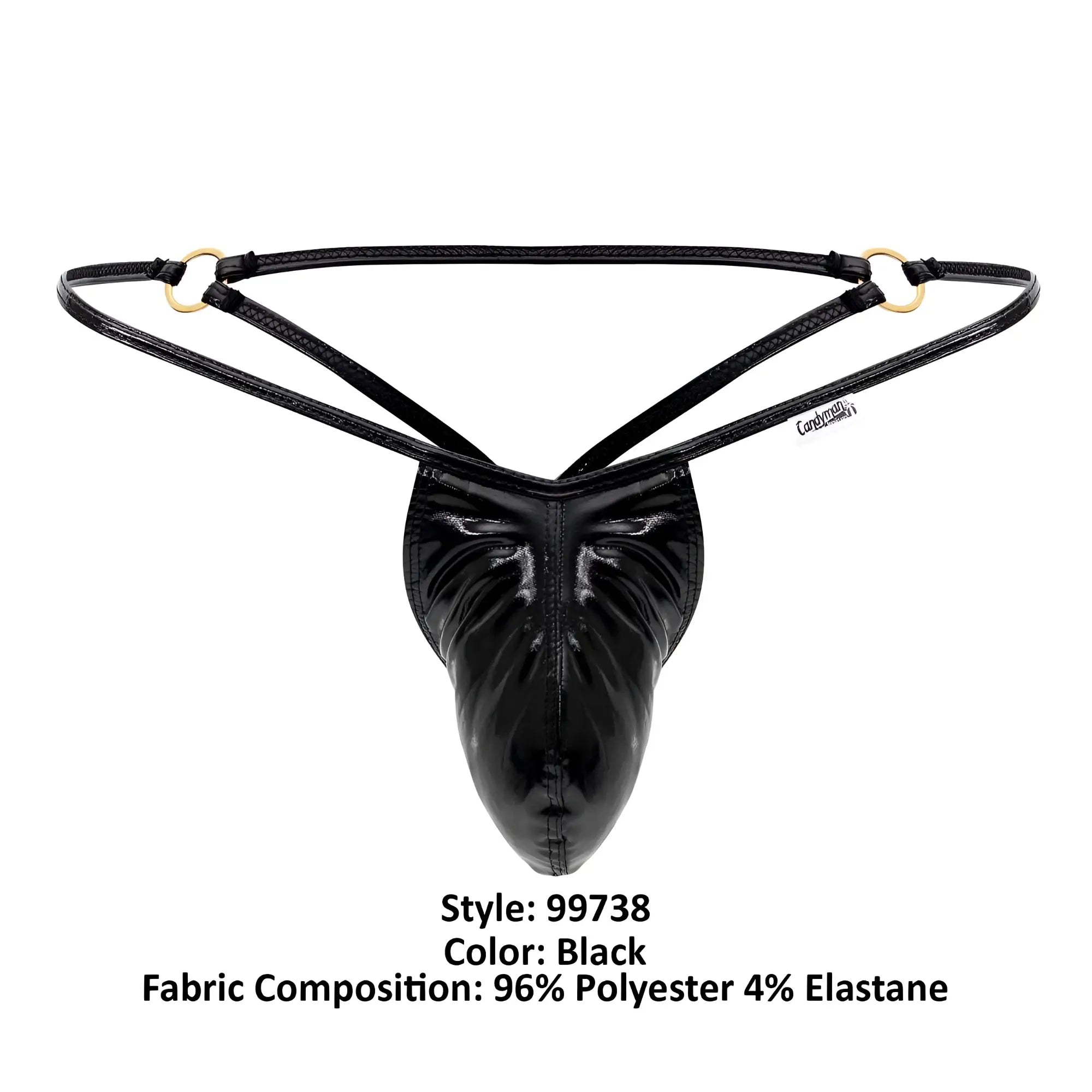 CandyMan 99738 gloss black thong made of glossy polyester and elastane with gold-tone metal rings