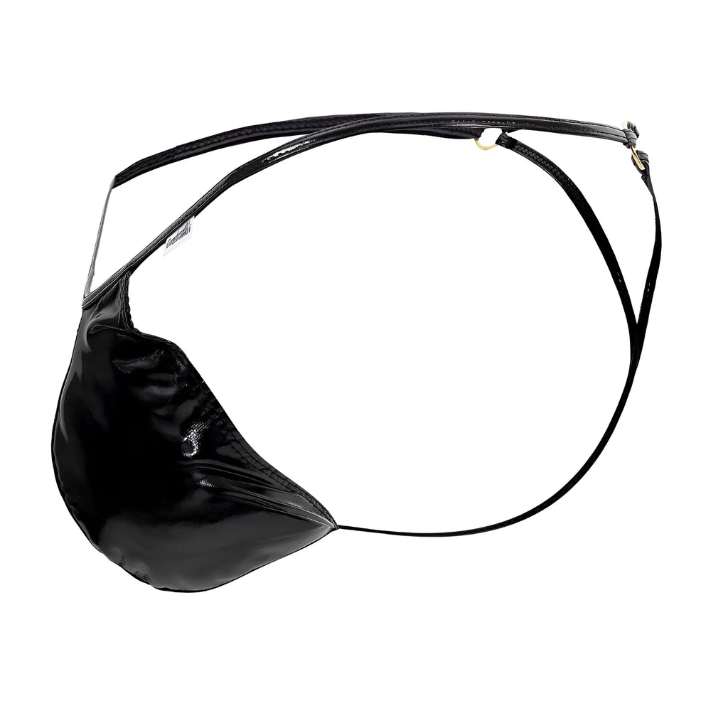Black patent leather eye patch with adjustable straps and metallic hardware from candyman 99738 gloss g-string line