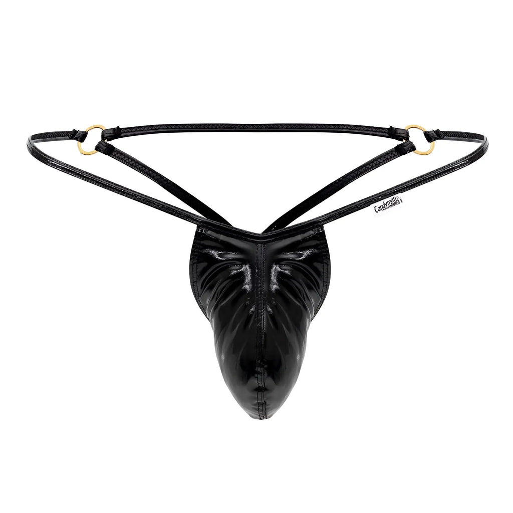 Black patent leather thong g-string candyMan 99738 with gold-tone metal rings and central pouch design
