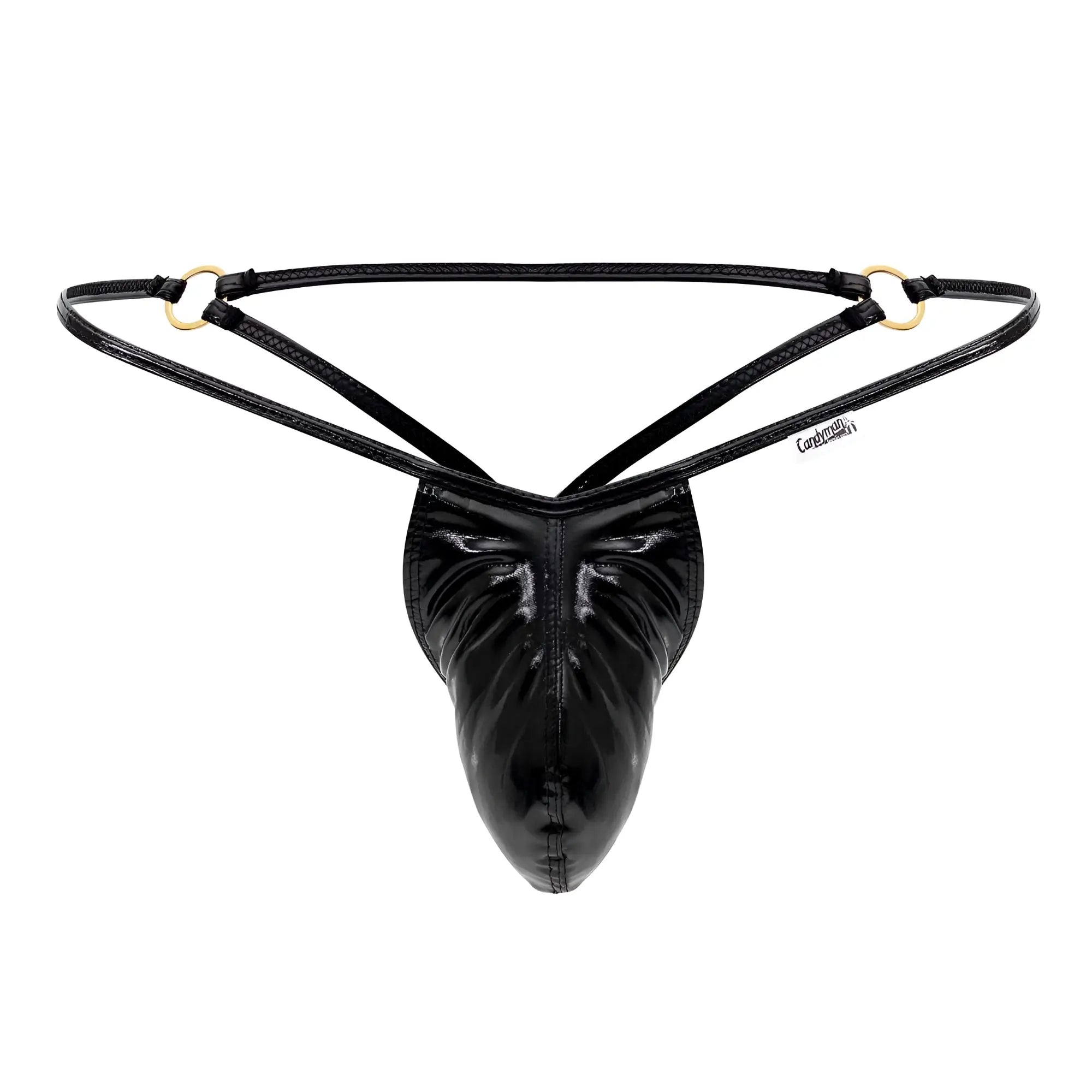 Black patent leather thong g-string candyMan 99738 with gold-tone metal rings and central pouch design