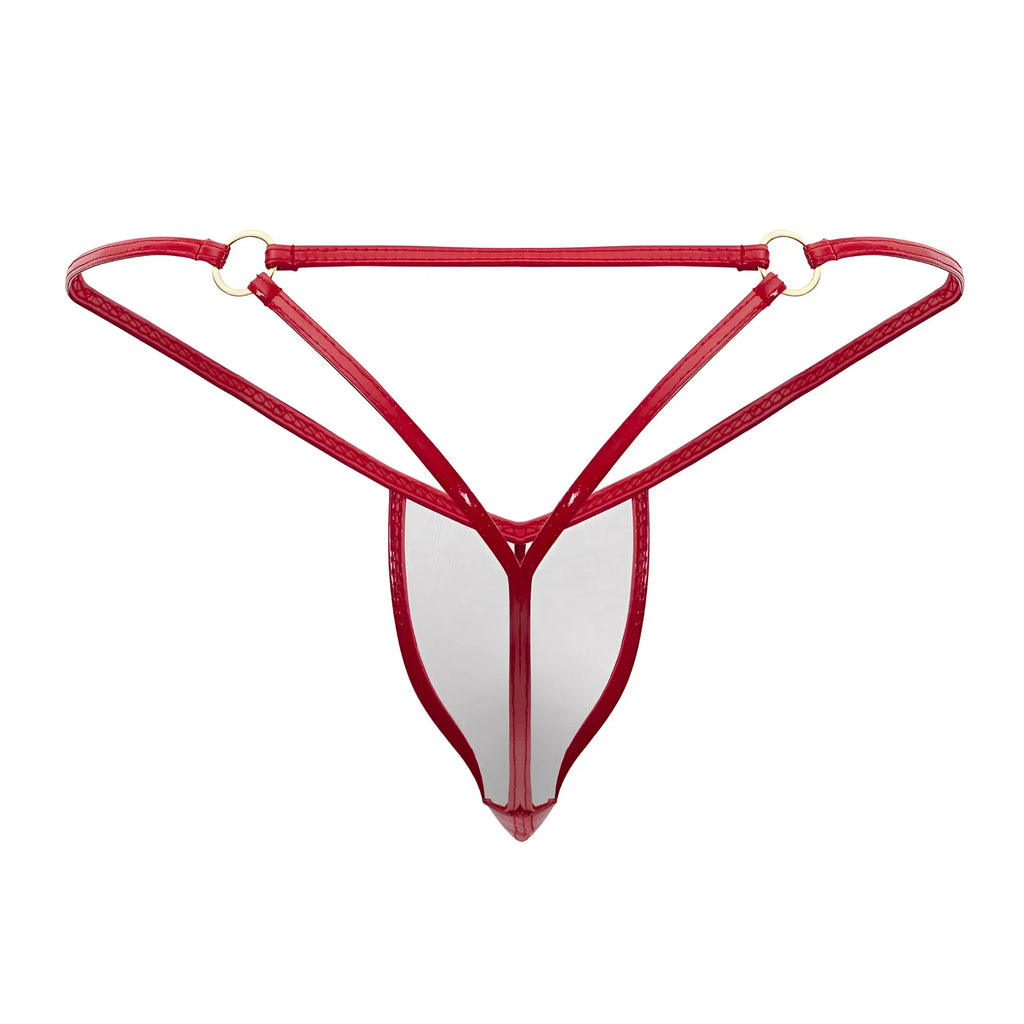 Red glossy latex thong with transparent center panel and gold toned metal rings at waistband candyMan 99738 gloss g-string