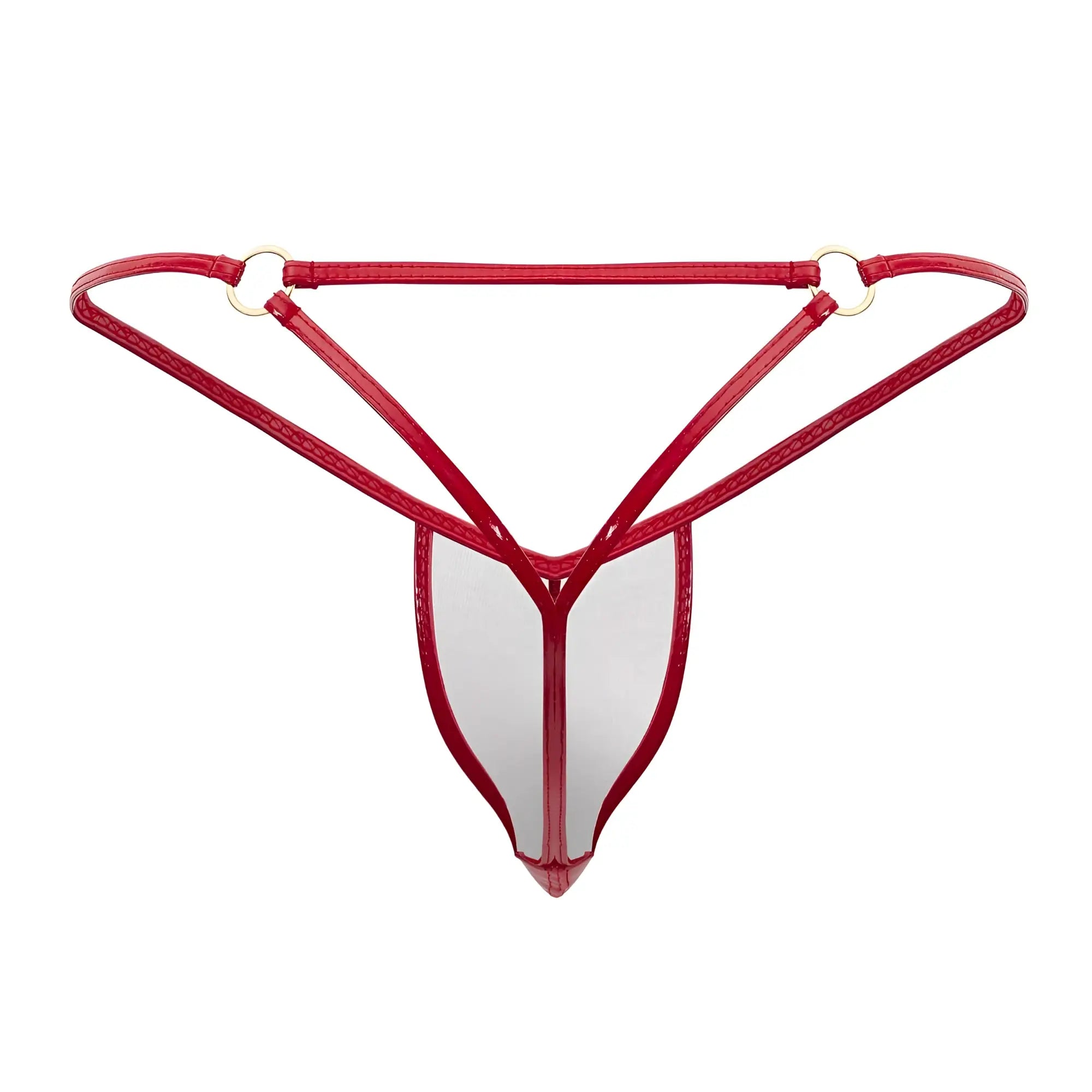Red glossy latex thong with transparent center panel and gold toned metal rings at waistband candyMan 99738 gloss g-string
