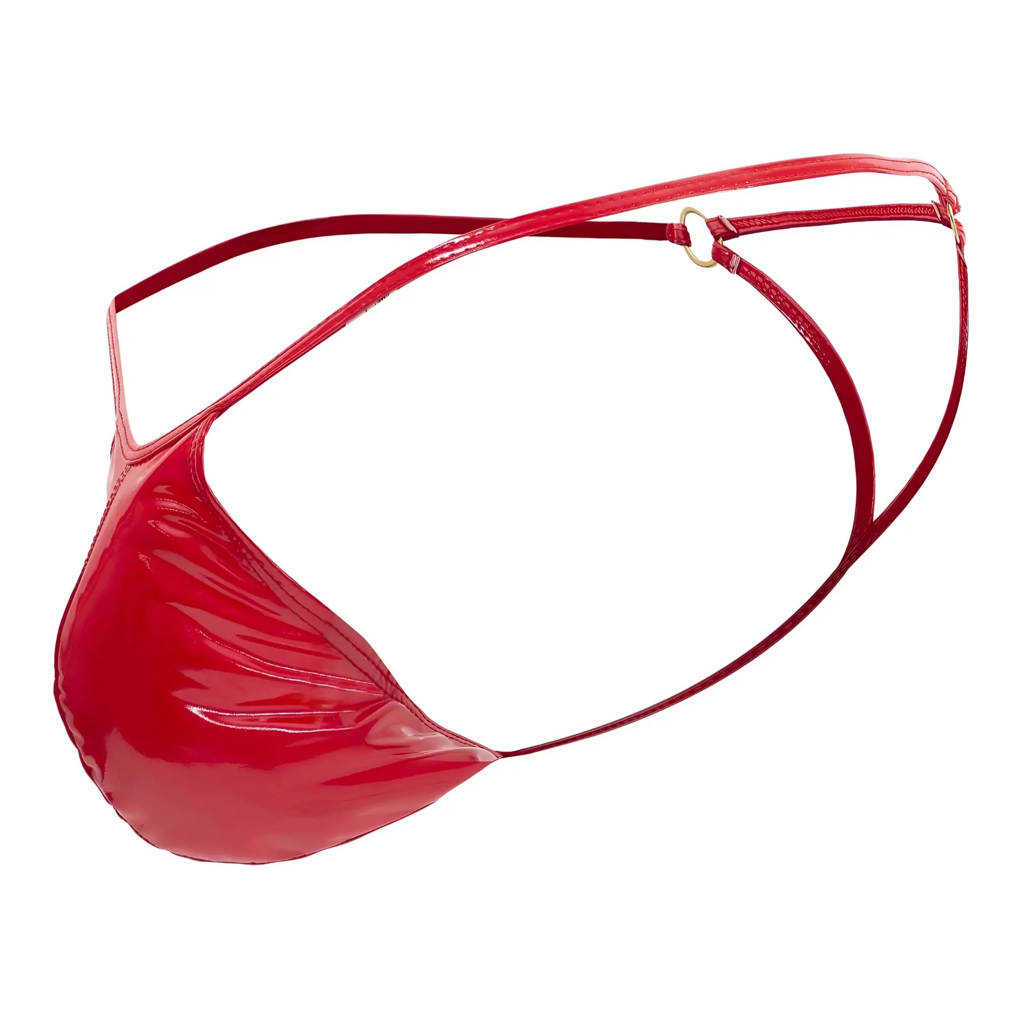 Red patent leather CandyMan 99738 gloss g-string thong with thin glossy straps and a gold-toned metal ring