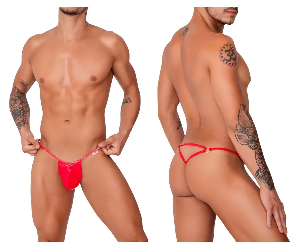 CandyMan 99738 gloss g-string red vibrant sheer mesh thong with thin straps and small metallic clasp shown from the back