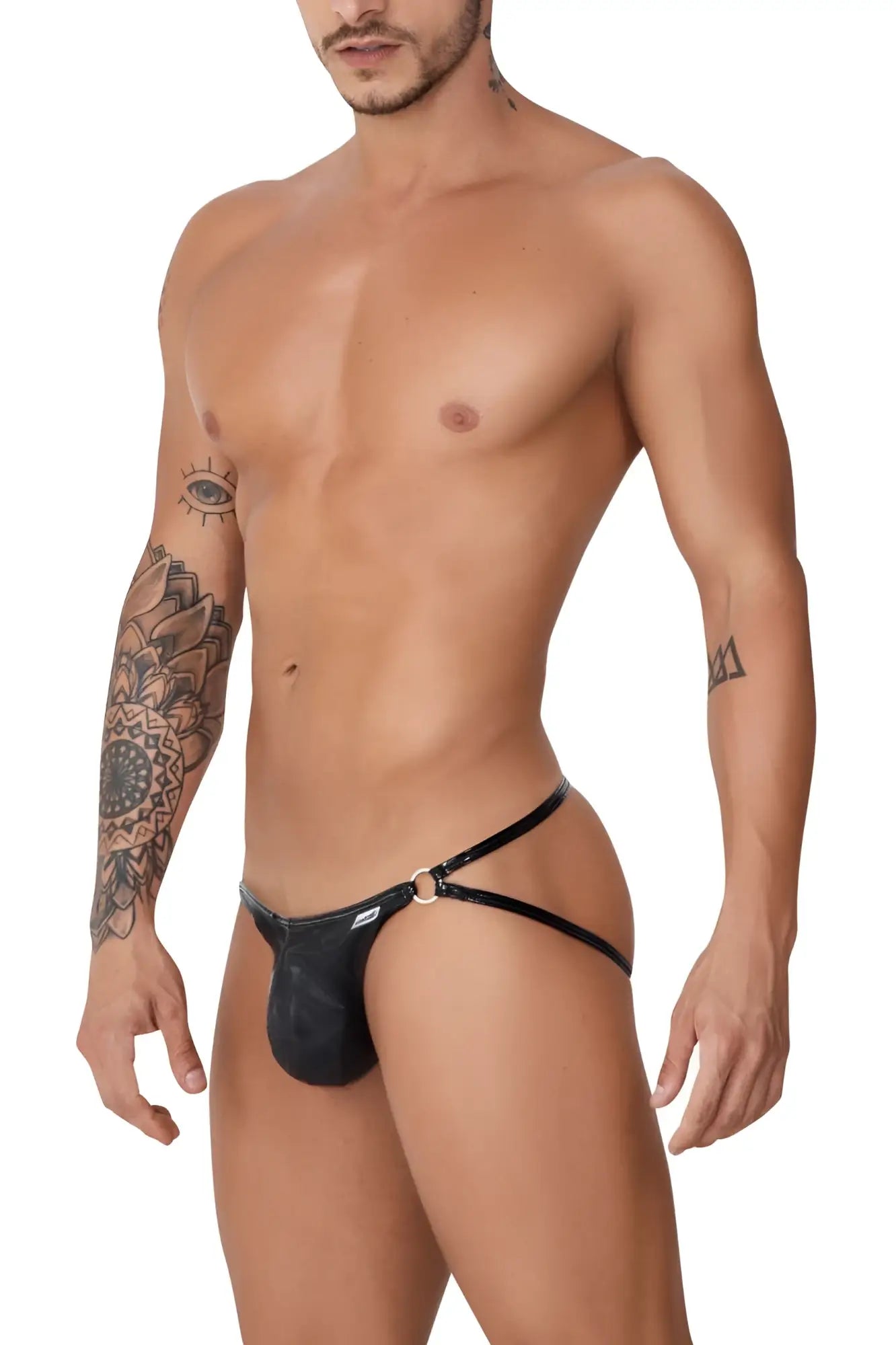 Black leather CandyMan 99741 gloss jockstrap with metallic ring detail showing the back side