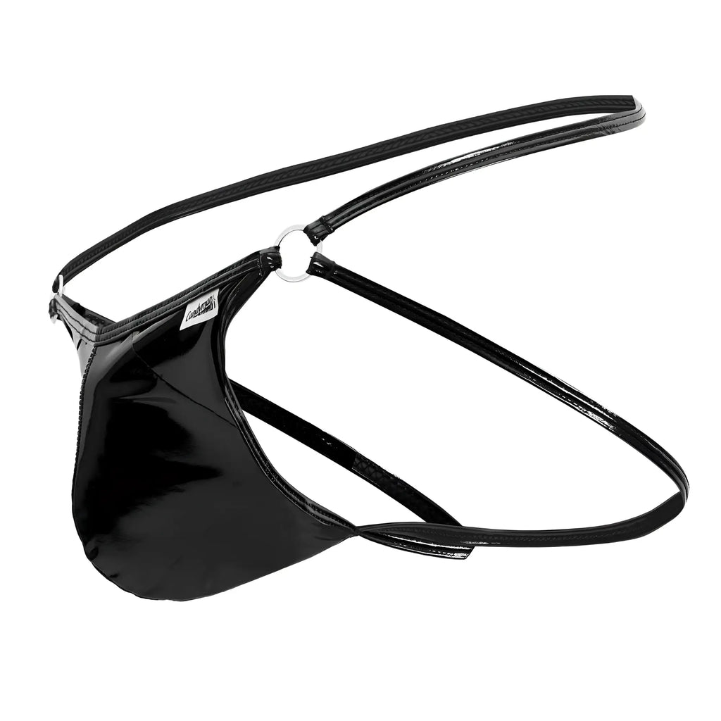 Black patent leather thong with adjustable straps and silver metal ring from candyman 99741 gloss jockstrap in black