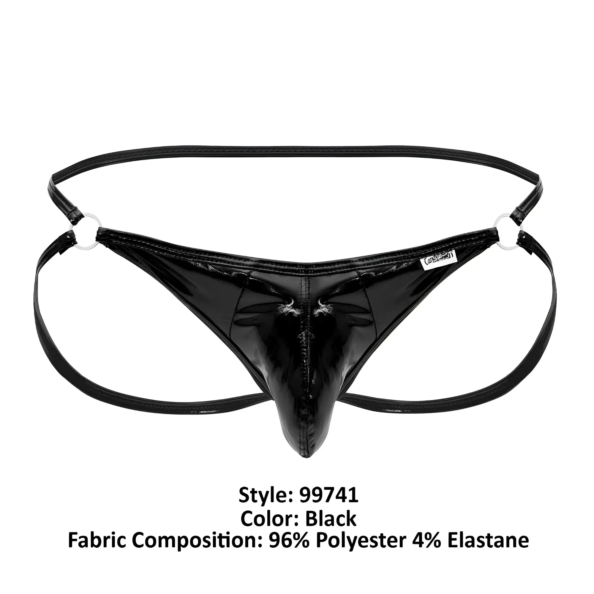 Black patent leather thong with glossy finish and white plastic rings on hip straps candyMan 99741 gloss jockstrap