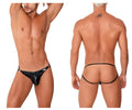 Black patent leather thong jockstrap with gold-tone hardware and small brand tag on the side by candyman