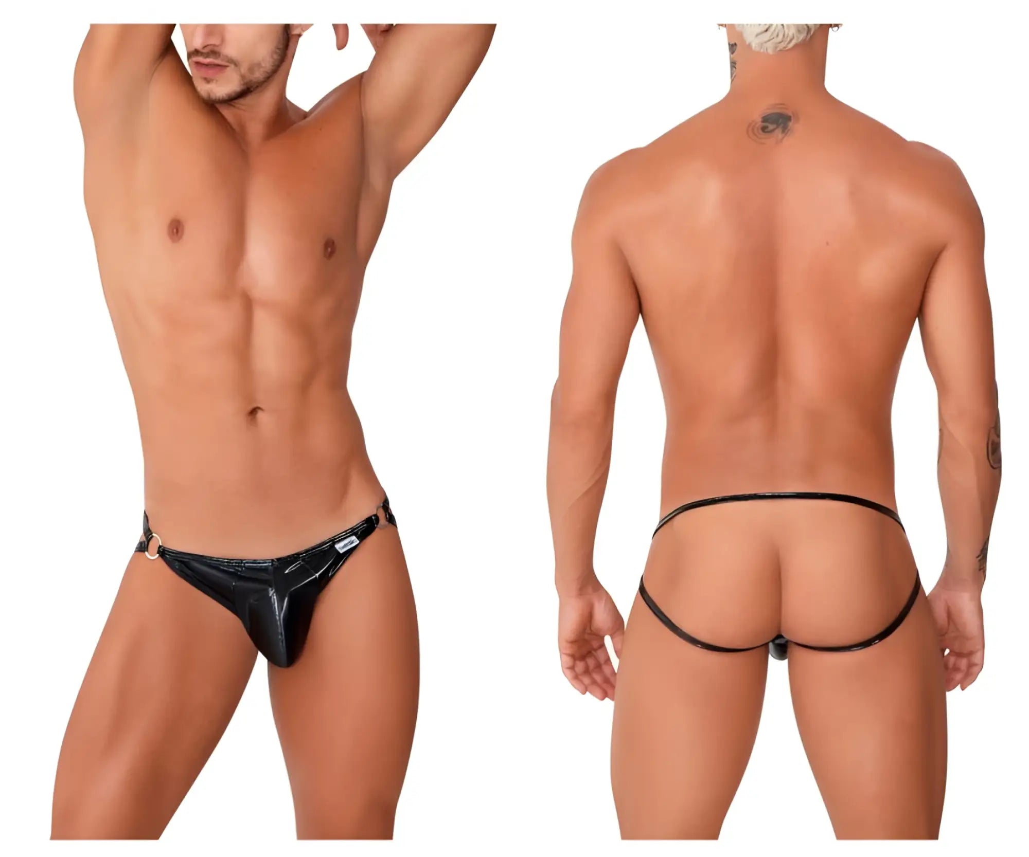 Black patent leather thong jockstrap with gold-tone hardware and small brand tag on the side by candyman