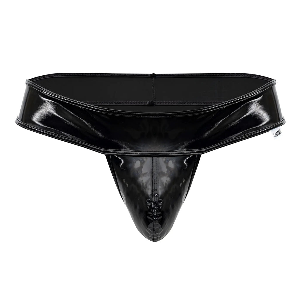 Black patent leather thong candyMan 99742 gloss featuring a central zipper and stitched seams in black color