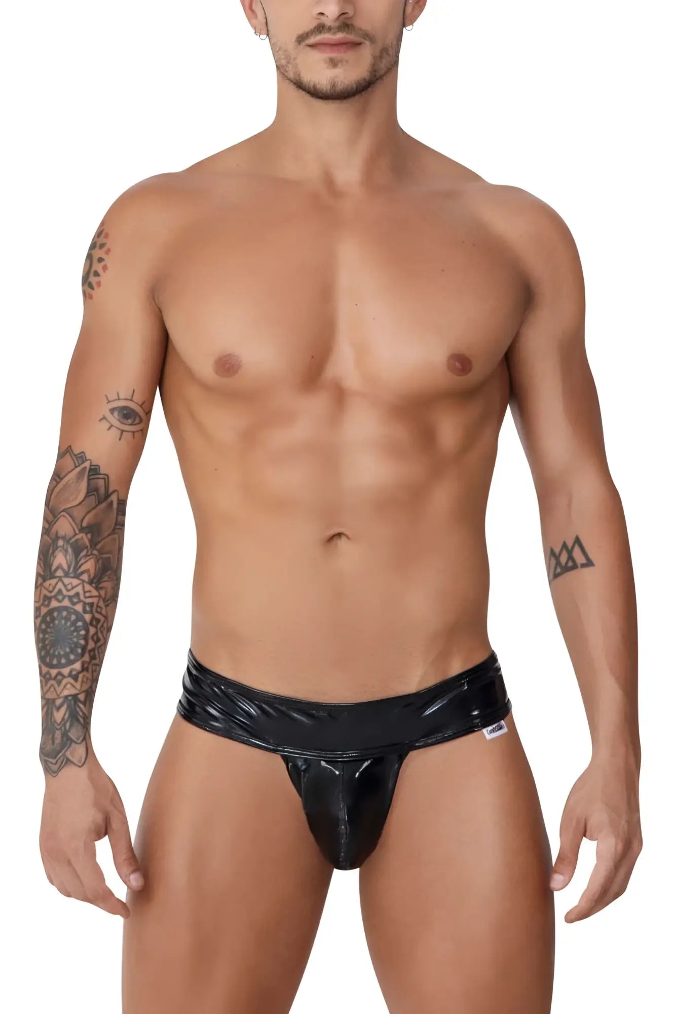 Black patent leather thong with a glossy finish and wide waistband from Candyman 99742 gloss thongs in black