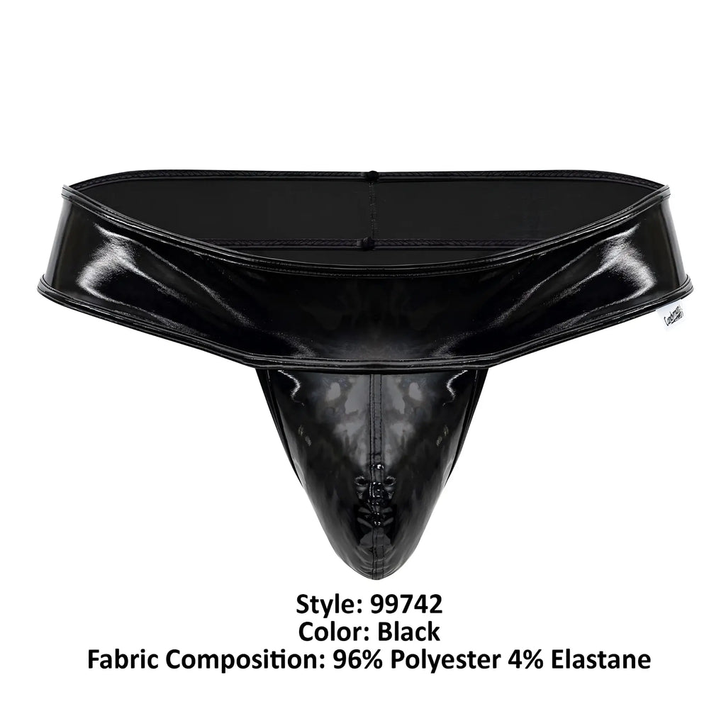 CandyMan 99742 gloss black patent leather thong with glossy finish and reinforced stitching