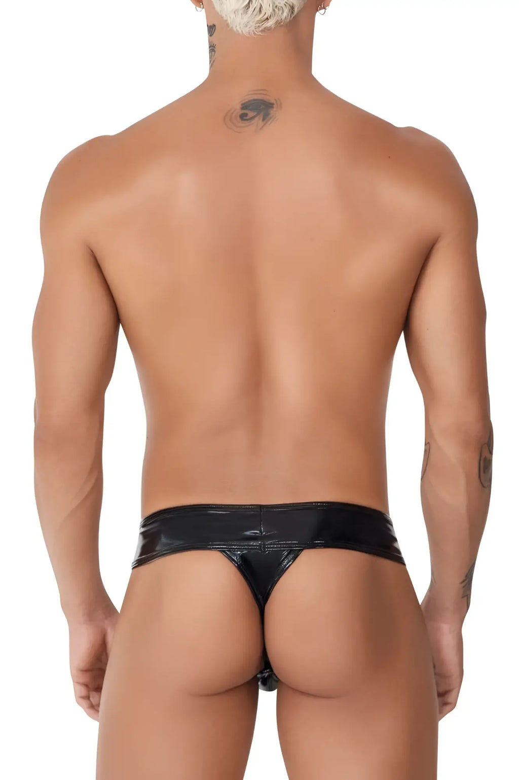 CandyMan 99742 gloss thong in black patent leather with a sleek glossy finish and narrow waistband visible from the back