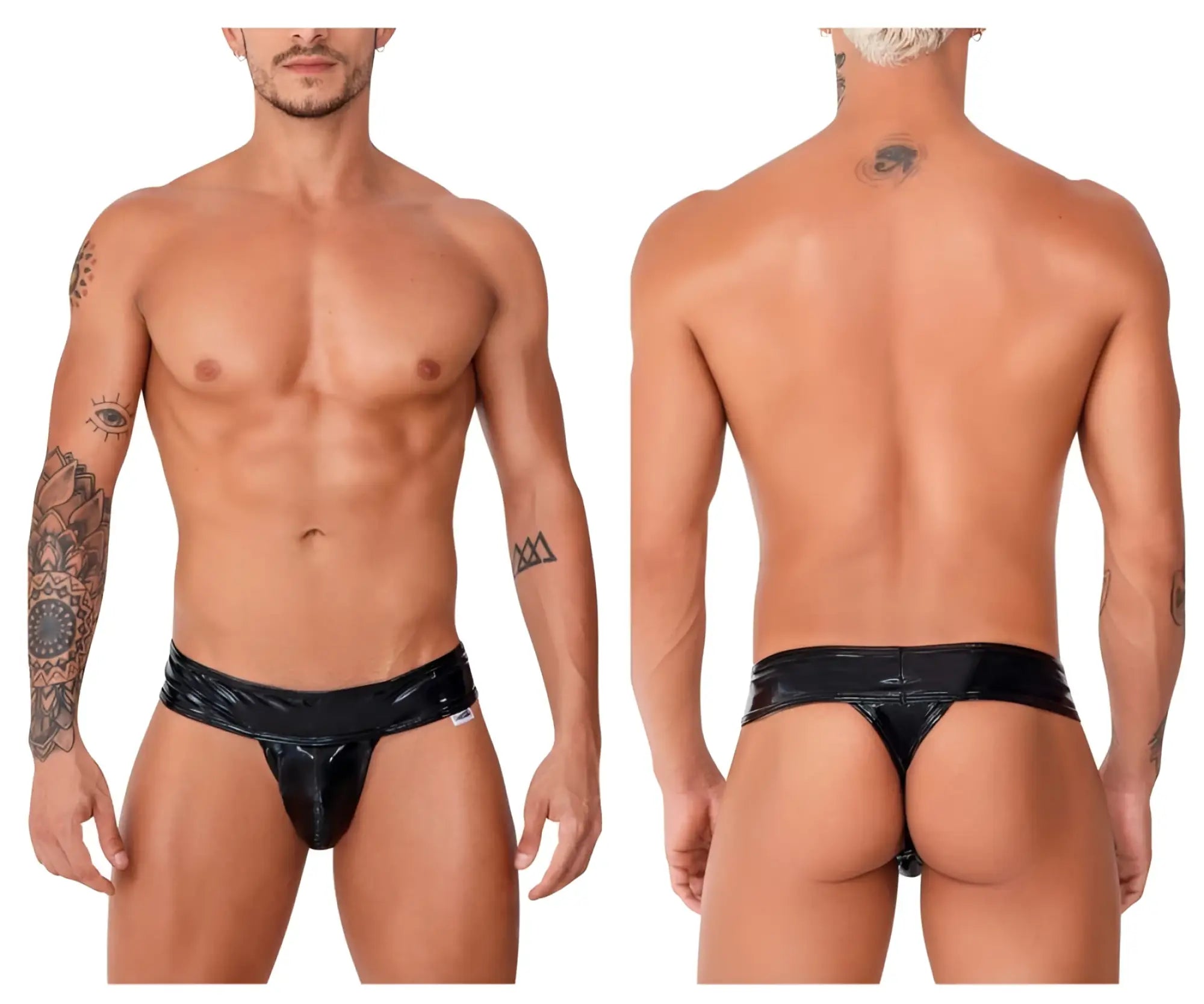 CandyMan 99742 gloss thong in black patent leather with sleek glossy finish and narrow waistband shown from back