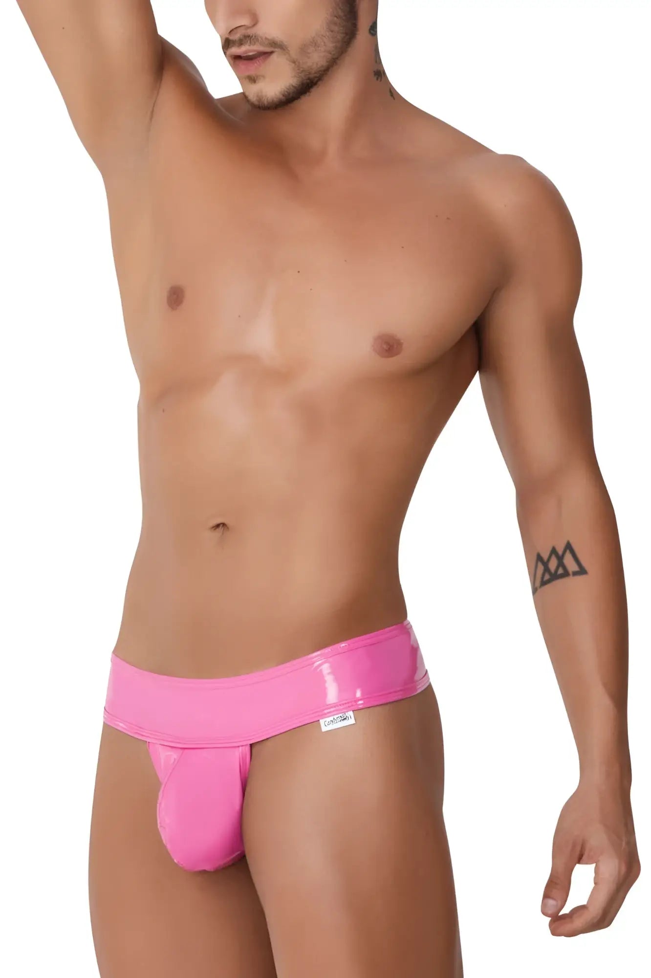 Bright pink glossy latex jockstrap candyman 99742 with snug fit and small brand tag on waistband