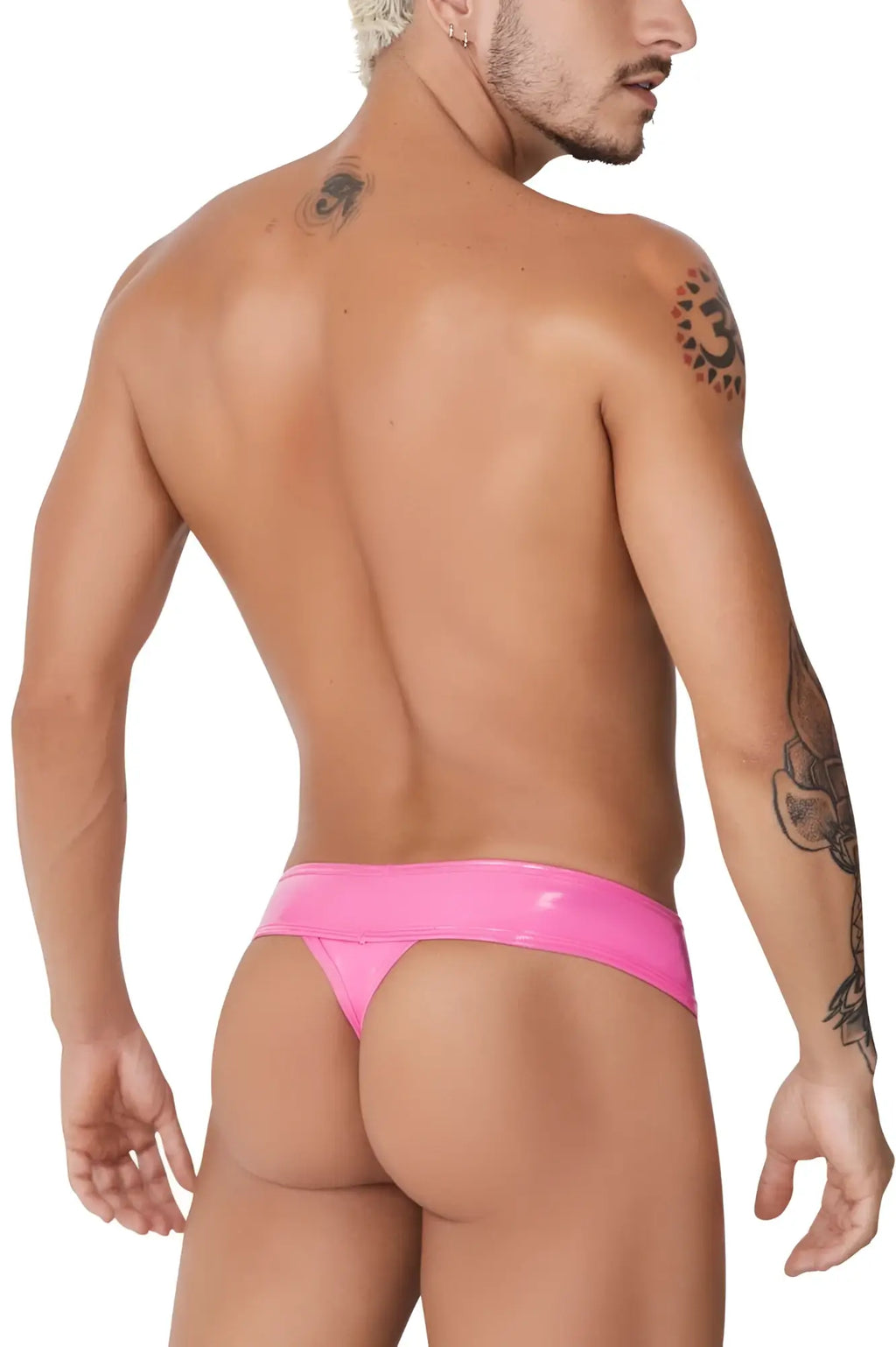 Bright pink glossy latex thong candy man 99742 showing front side with vibrant color and sleek material finish