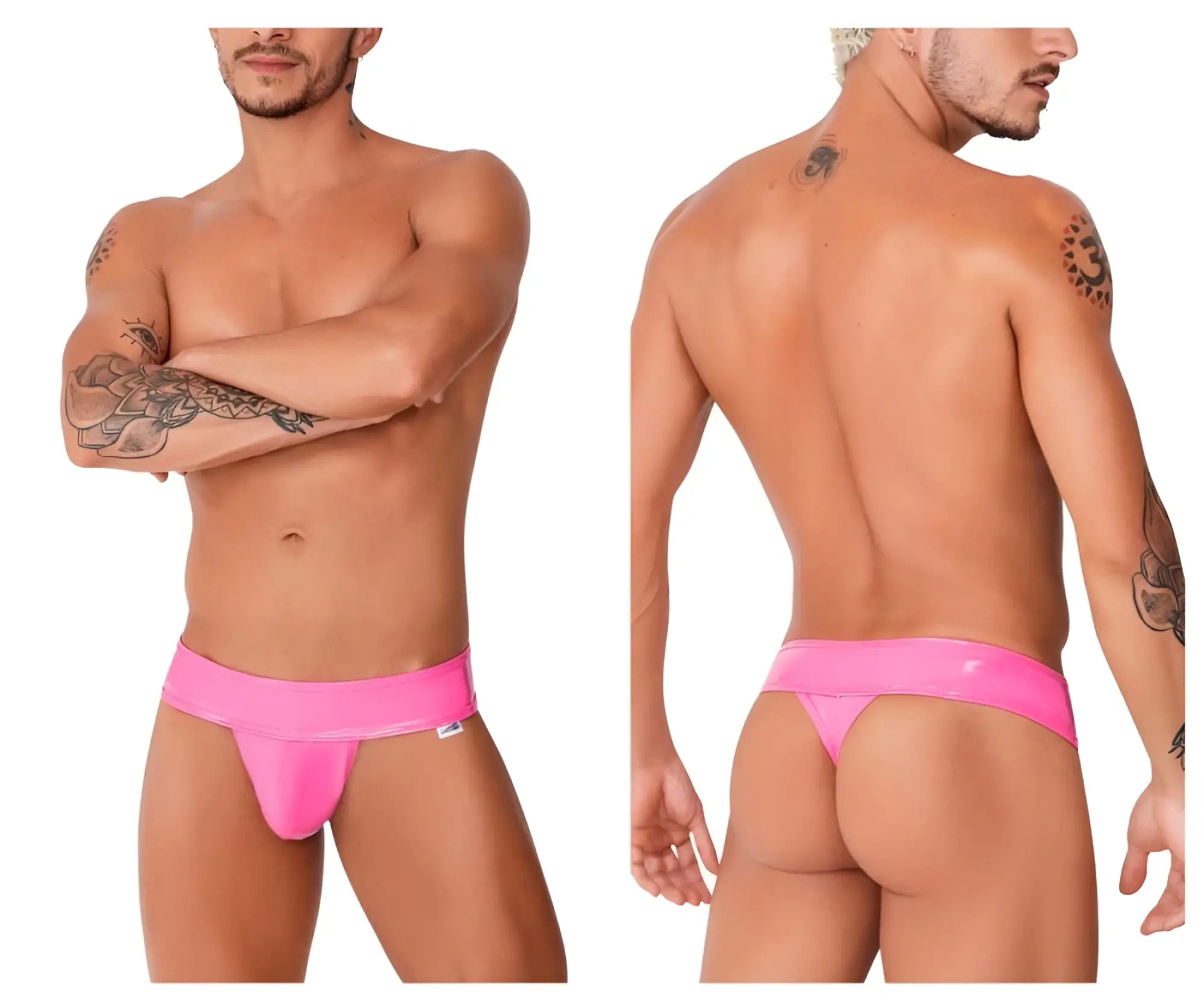 Bright pink glossy latex thong with wide waistband from candyman 99742 gloss thongs collection