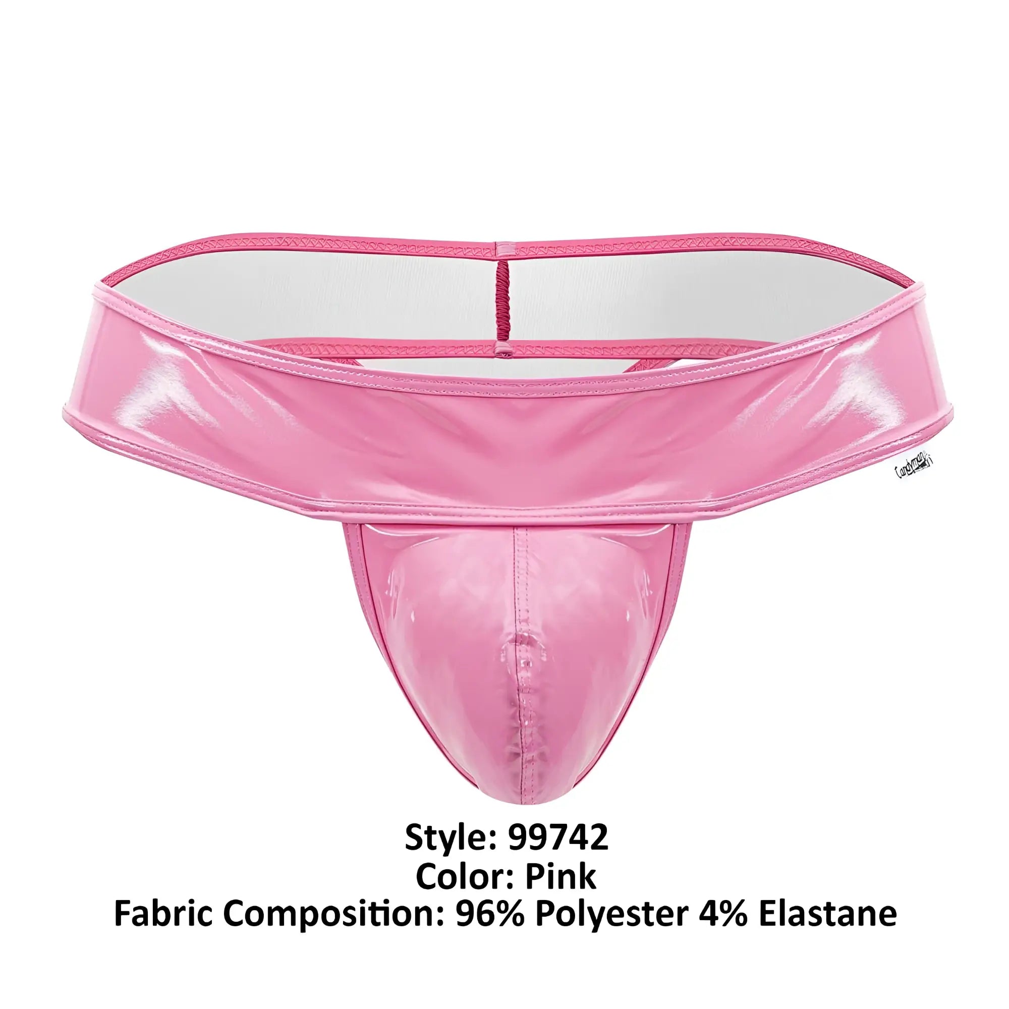 Pink glossy polyester and elastane thong with a wide waistband from candyman 99742 gloss thongs collection