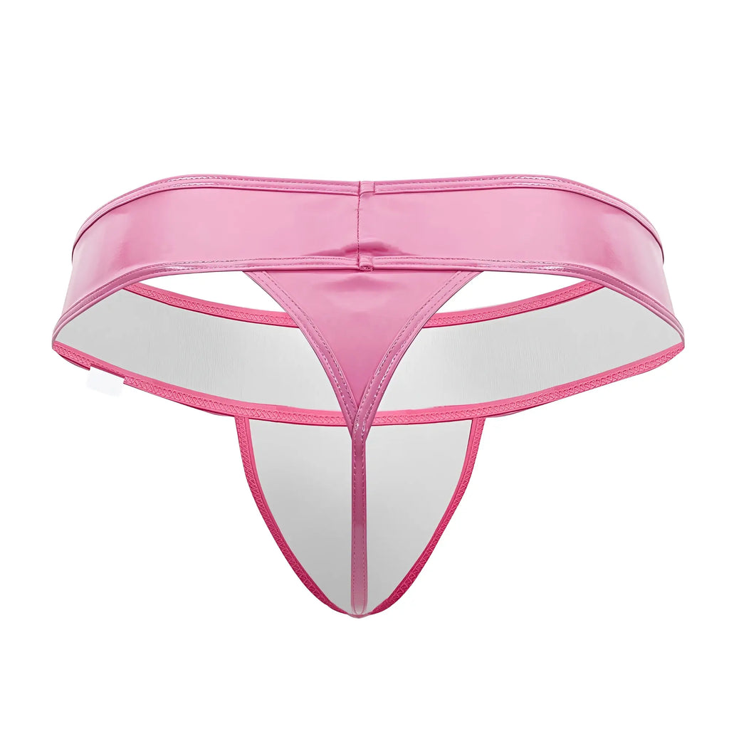 Pink Candyman 99742 gloss thong in shiny latex with transparent white interior and pink stitching front view