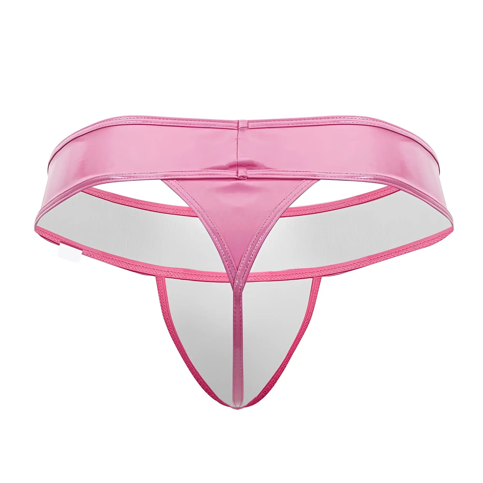 Pink Candyman 99742 gloss thong in shiny latex with transparent white interior and pink stitching front view