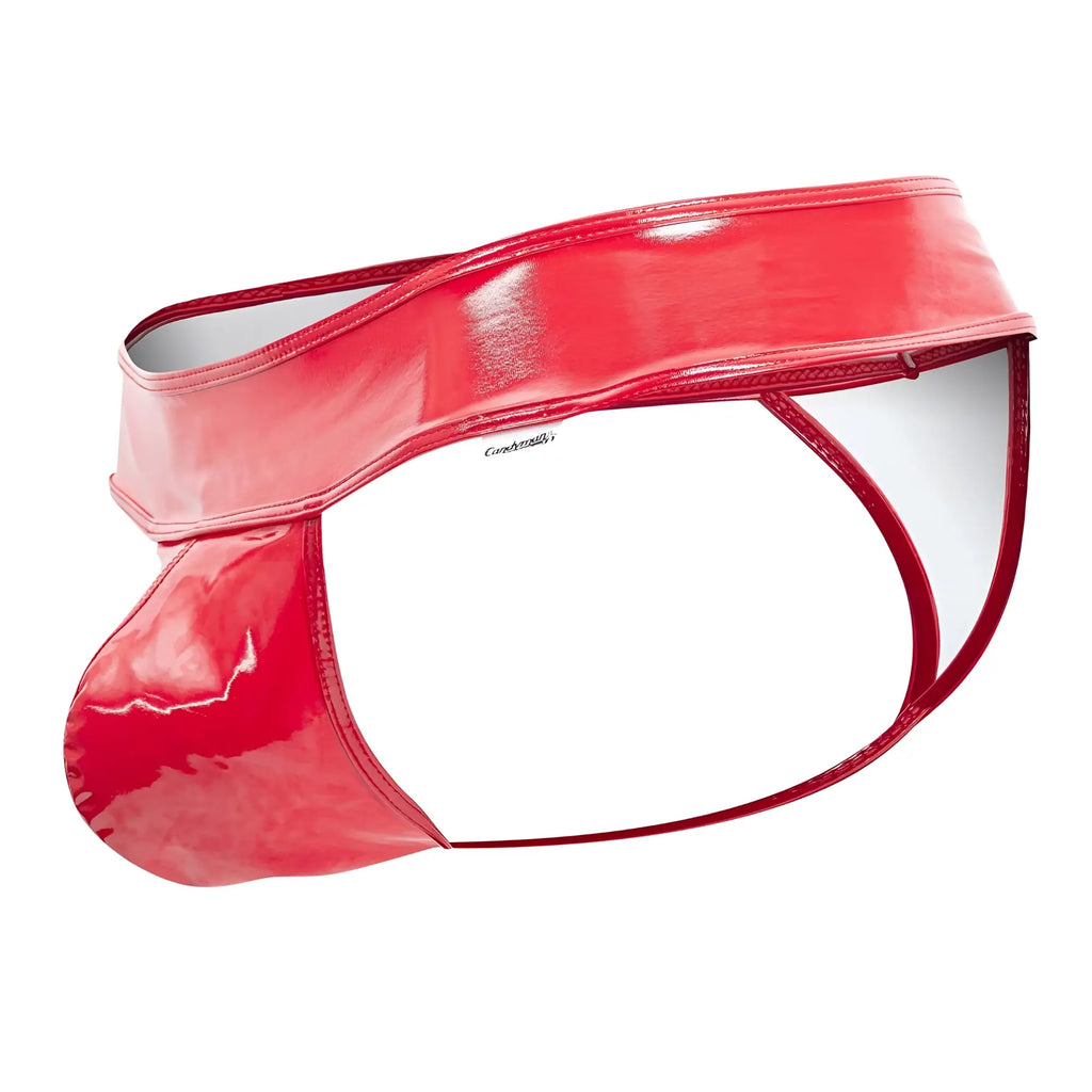 Red patent leather gloss thongs by candyman with thin side straps and a shiny finish in bold red color
