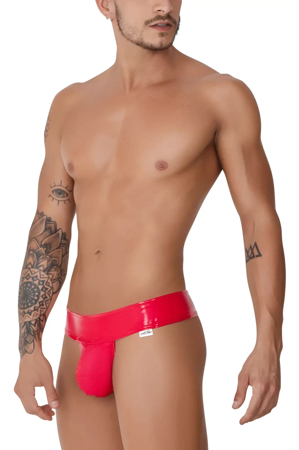 Red patent leather CandyMan 99742 gloss thongs with a sleek glossy finish and small white brand tag on the waistband