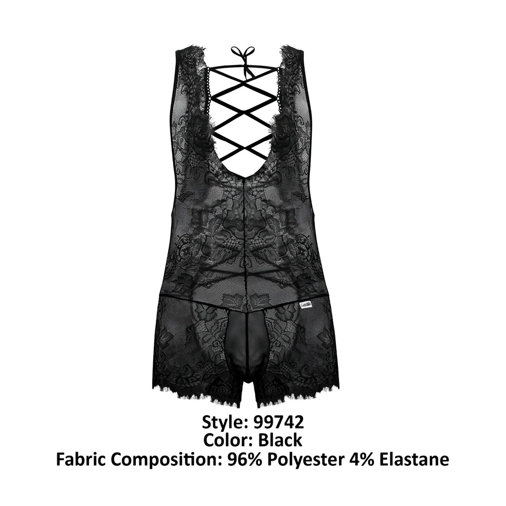 Black lace candyMan 99743 bodysuit with sheer floral fabric and crisscross back design showing the back side