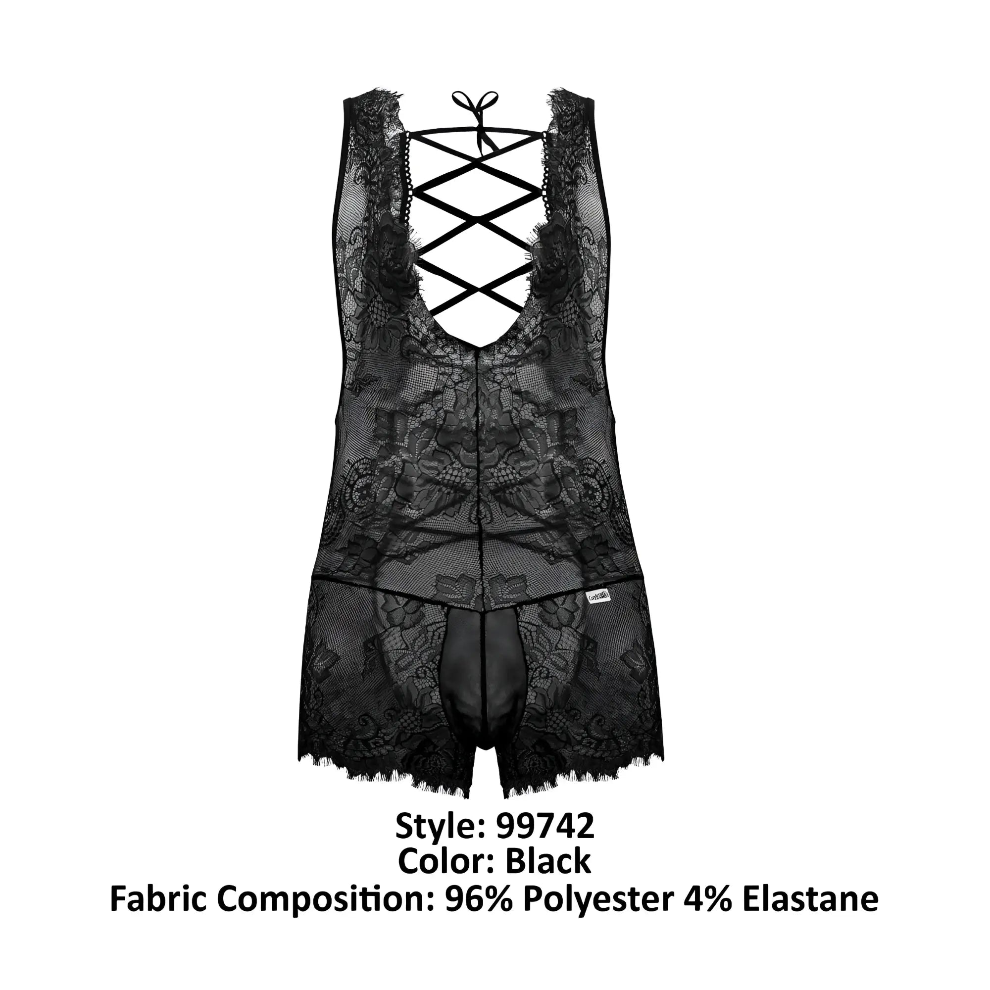 Black lace candyMan 99743 bodysuit with sheer floral fabric and crisscross back design showing the back side