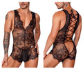 Black lace bodysuit CandyMan 99743 with floral patterns and back tie design shown from the back side