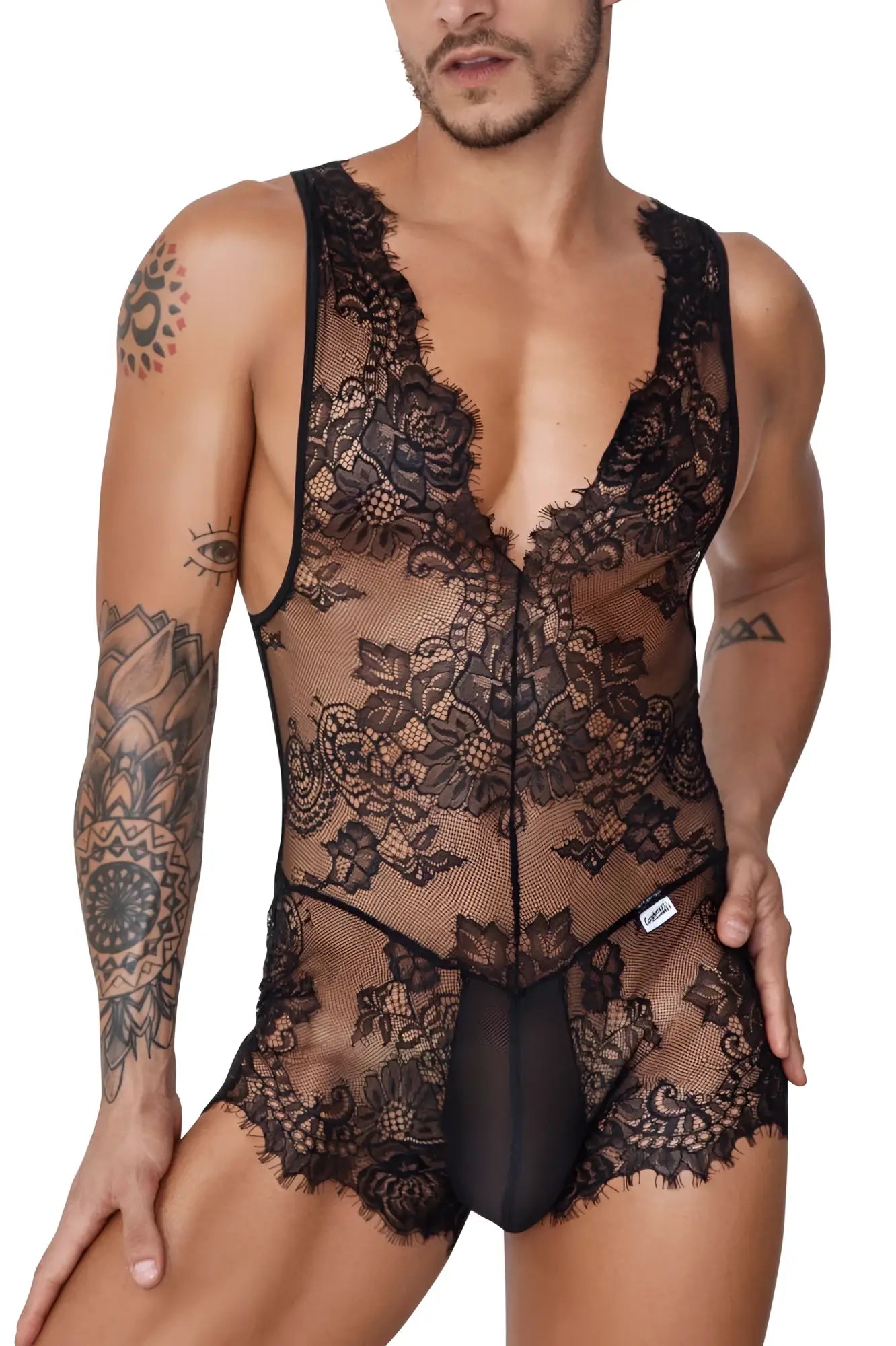 Black CandyMan 99743 lace bodysuit with floral lace, sheer mesh panels, and a plunging neckline