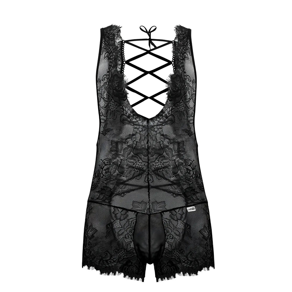 Black lace bodysuit candyMan 99743 with intricate floral patterns and crisscross back tie detail shown from back side