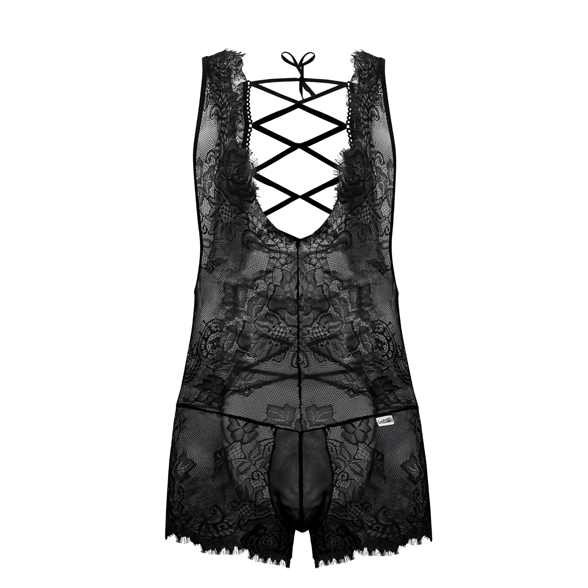 Black lace bodysuit candyMan 99743 with intricate floral patterns and crisscross back tie detail shown from back side
