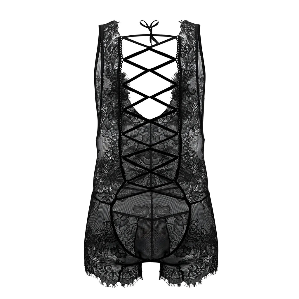 Black lace CandyMan 99743 bodysuit with intricate floral patterns and a crisscross back tie design shown from back