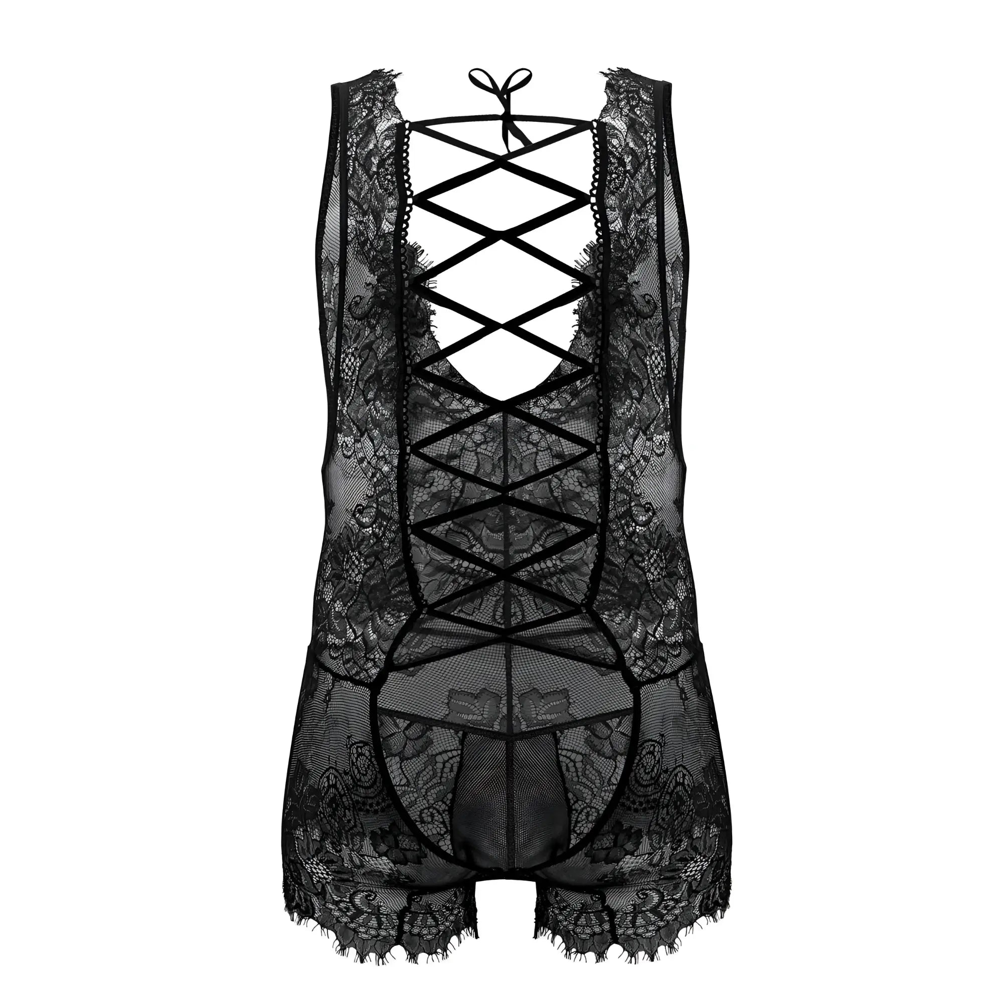 Black lace CandyMan 99743 bodysuit with intricate floral patterns and a crisscross back tie design shown from back
