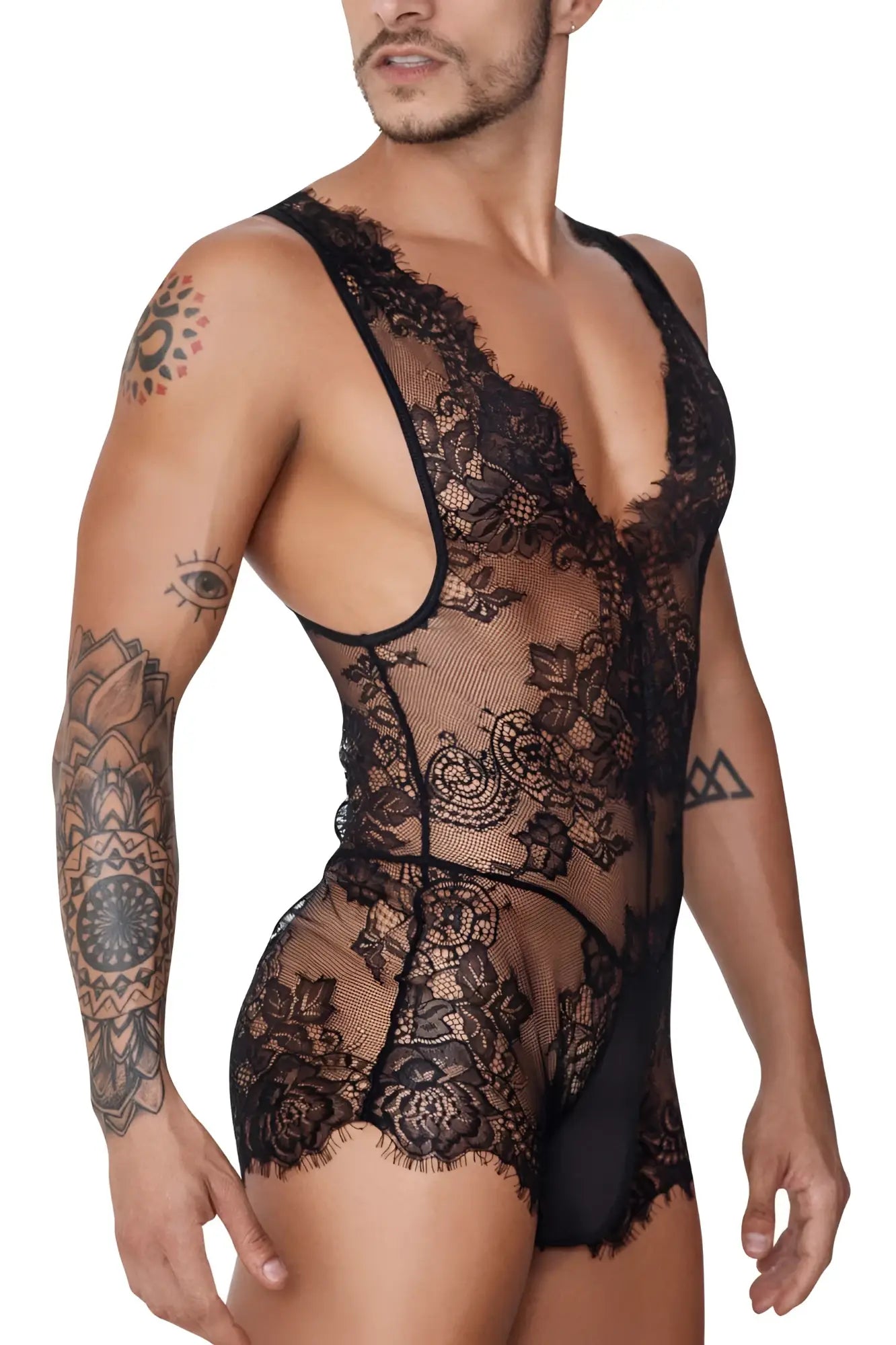 Black candyMan 99743 lace bodysuit with intricate floral patterns and sheer mesh panels showing front view