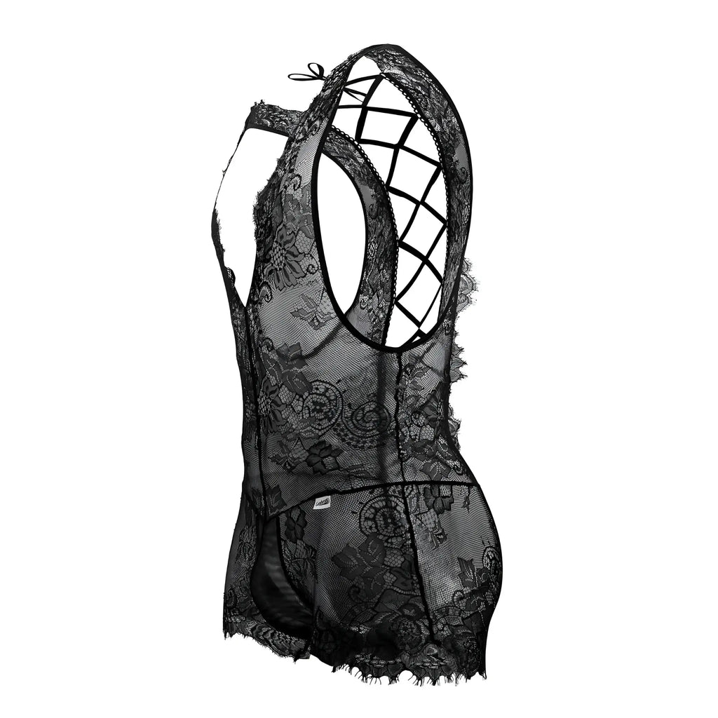 Black lace bodysuit candyman 99743 featuring intricate floral patterns and a crisscross back design
