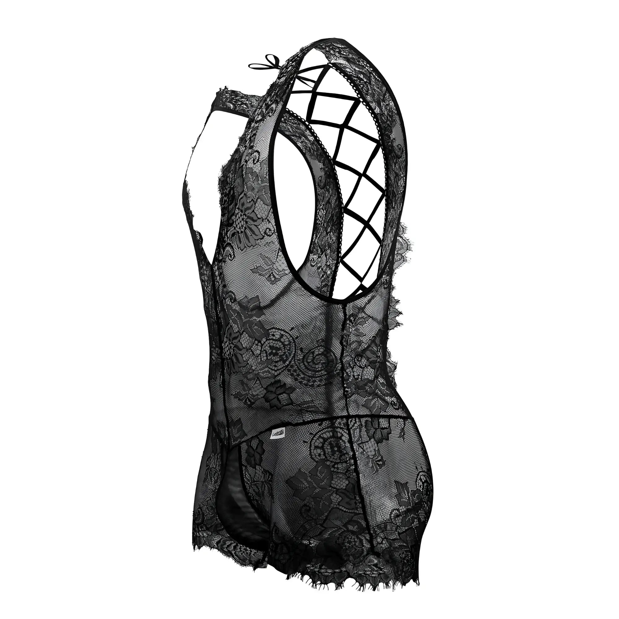 Black lace bodysuit candyman 99743 featuring intricate floral patterns and a crisscross back design