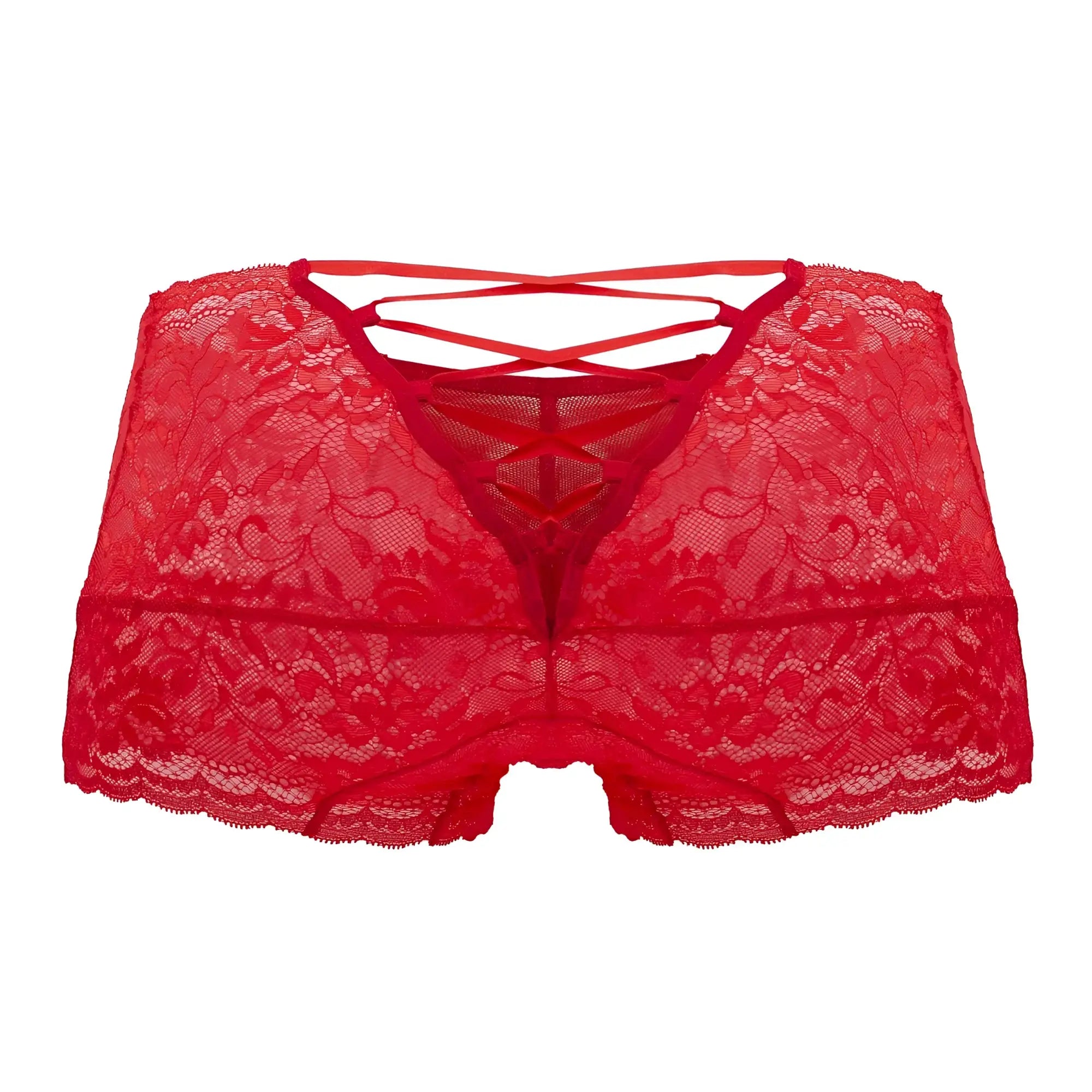 Red lace CandyMan 99745 trunks in a bold red color with a crisscross back design