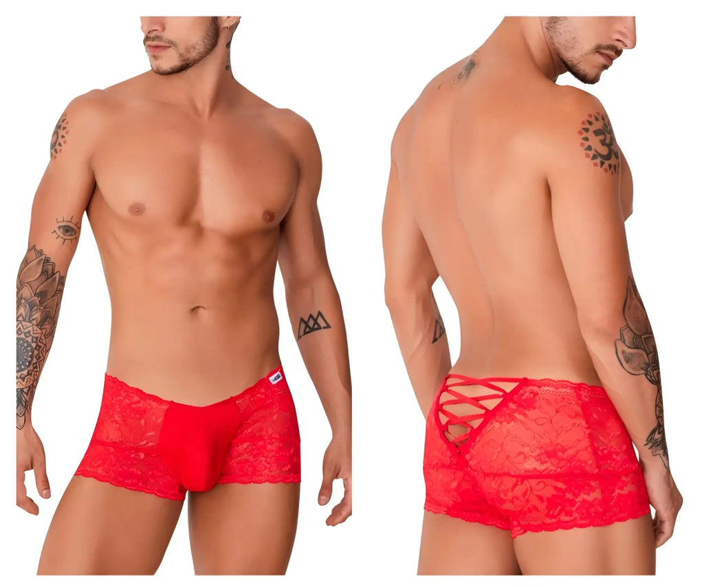 Red lace men’s briefs with decorative back tie design candyMan 99745 lace trunks color red shown from the back