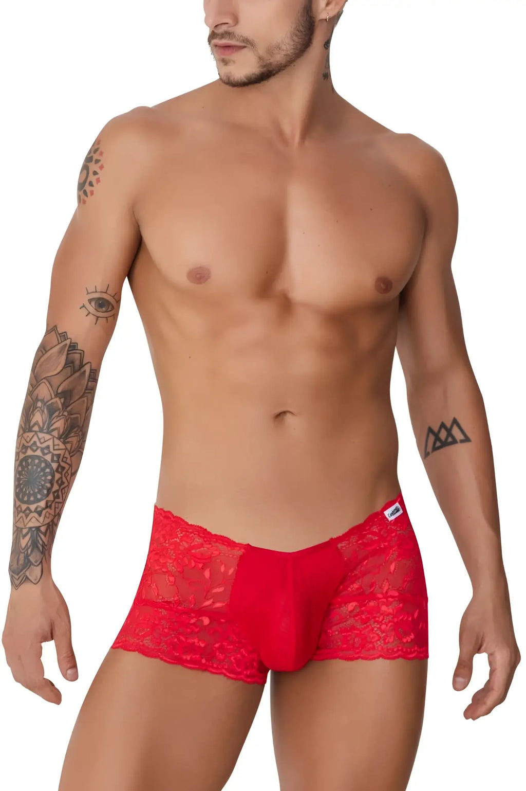 Red lace men’s briefs candyMan 99745 featuring a sheer patterned design with a solid red front panel