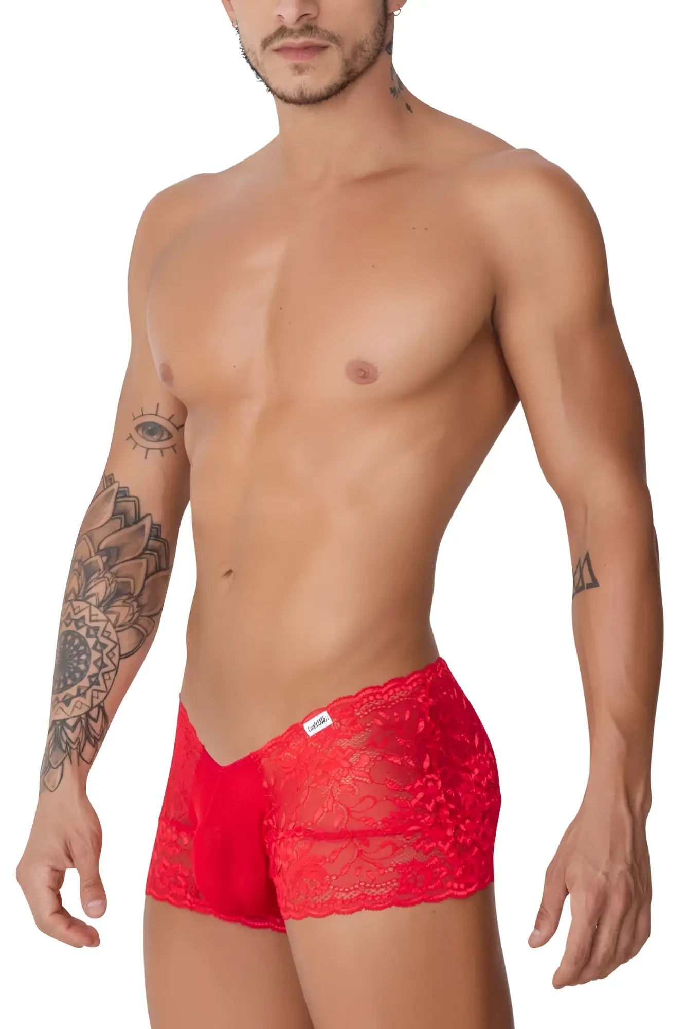 Red lace men’s briefs candyman 99745 lace trunks with solid red front panel and floral embroidered waistband