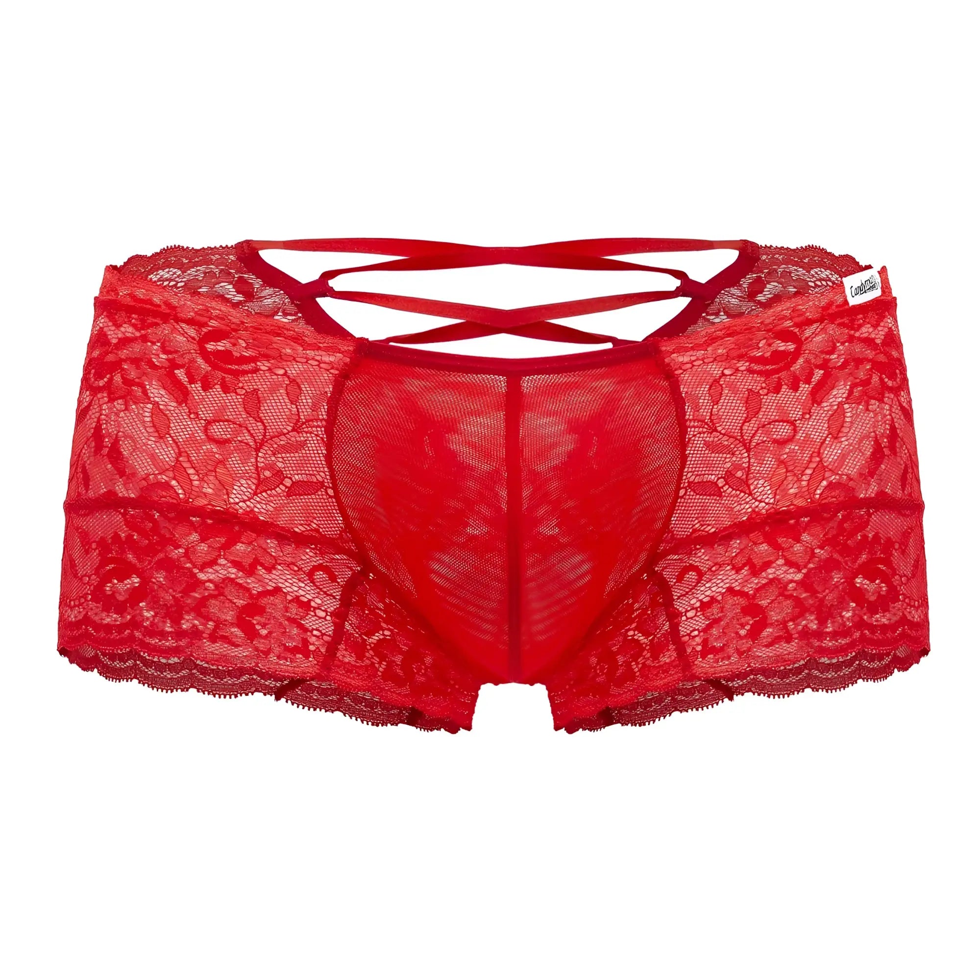 Red lace candyMan 99745 trunks showing crisscross back strap design in vibrant red lace material